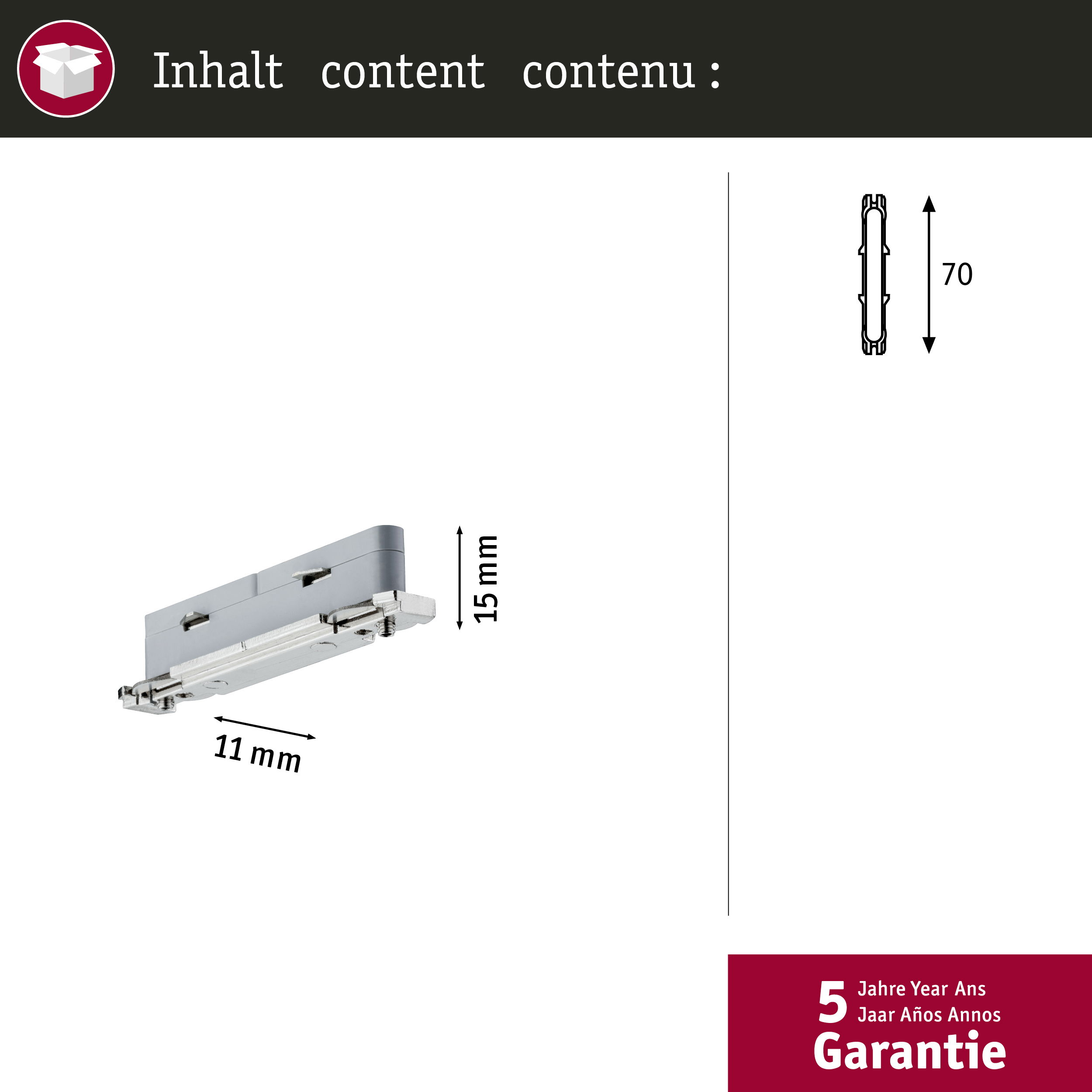 Graue Schubladenführung mit Maßen 11mm und 15mm sowie eine schematische Darstellung mit 70.