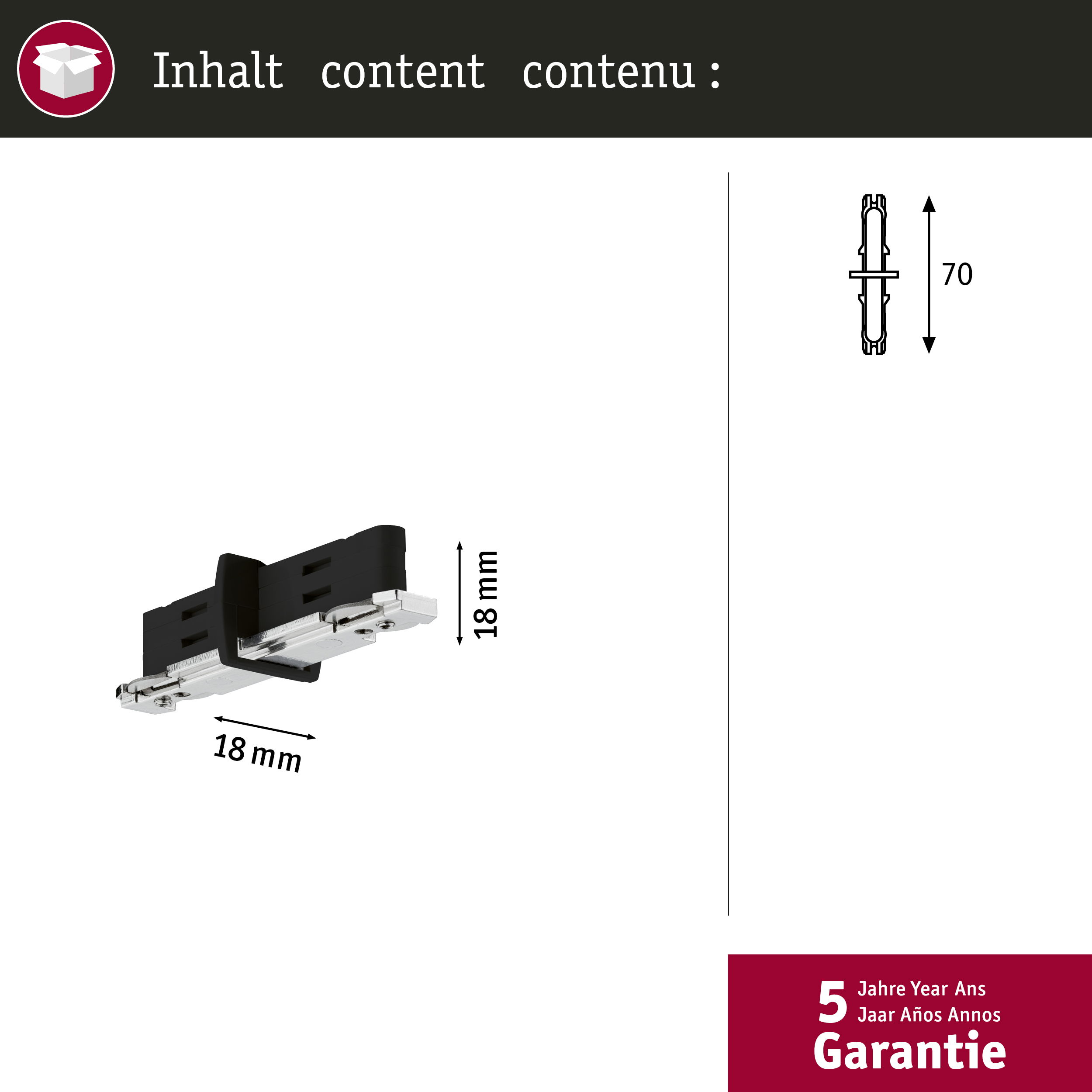 Zwei schwarze Kunststoffteile mit Metallbeschlägen, 18mm und 70mm. 5 Jahre Garantie.