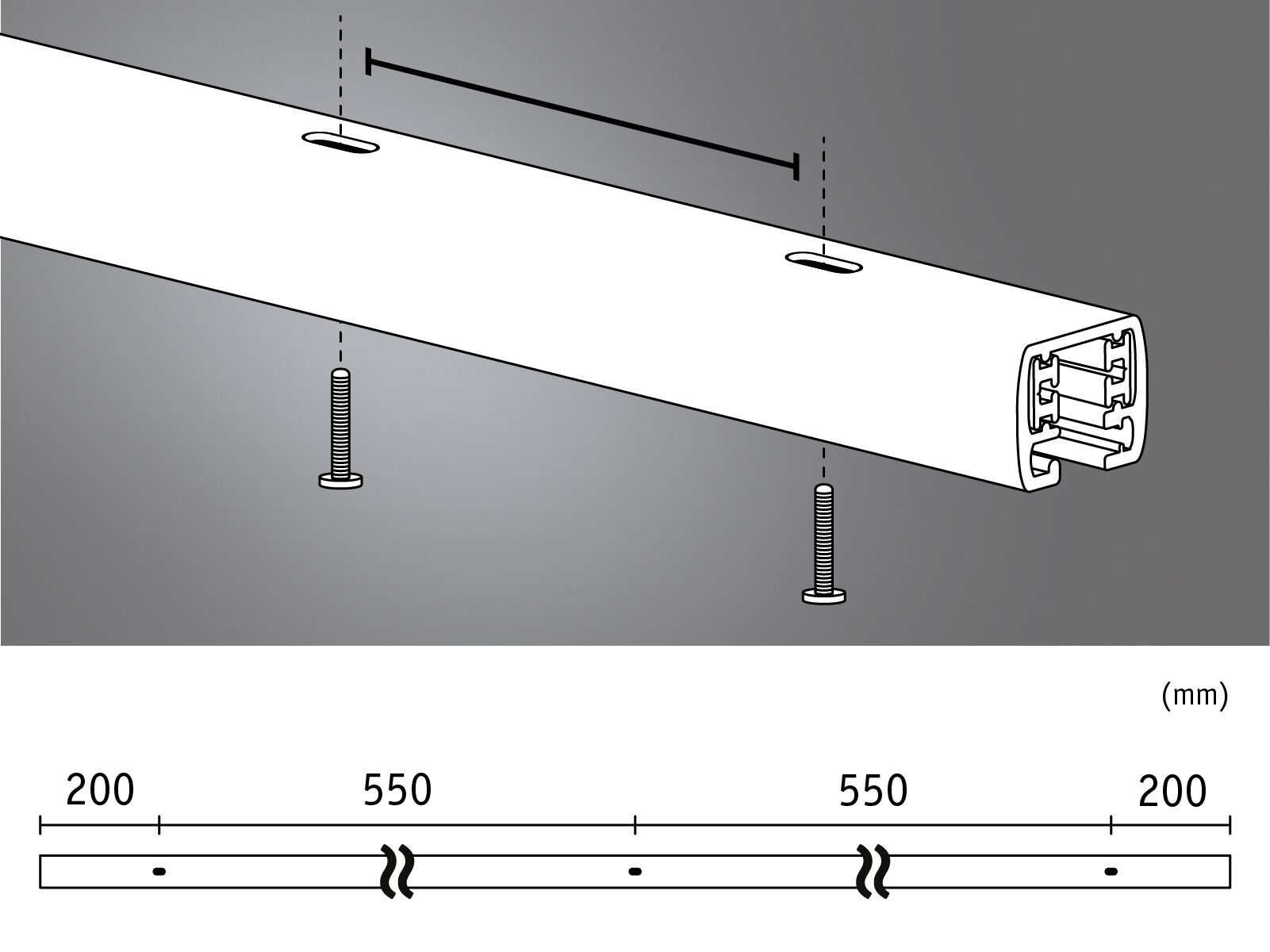 Technische Zeichnung: Profil mit Schrauben und Maßen (200, 550, 550, 200 mm).