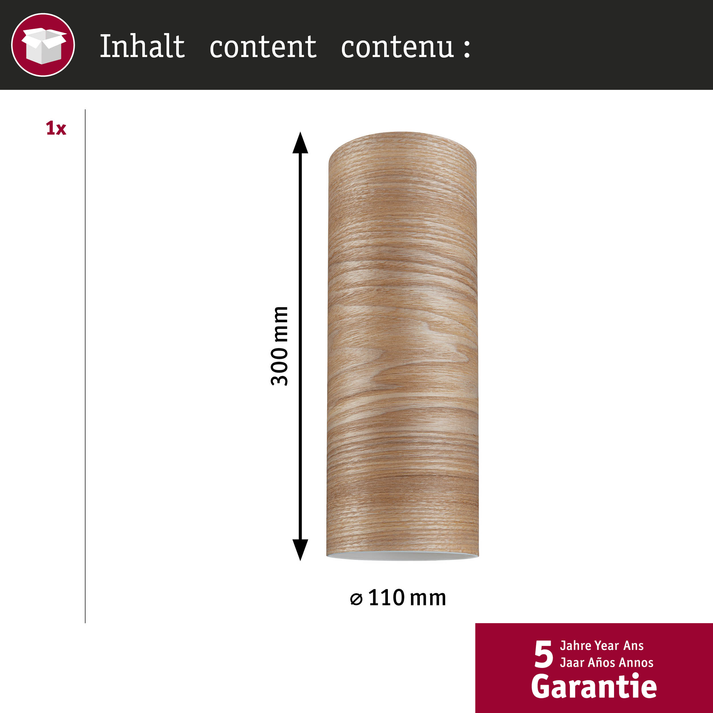 Eine zylindrische Leuchte mit Holzmaserung, H=300mm, Ø=110mm.