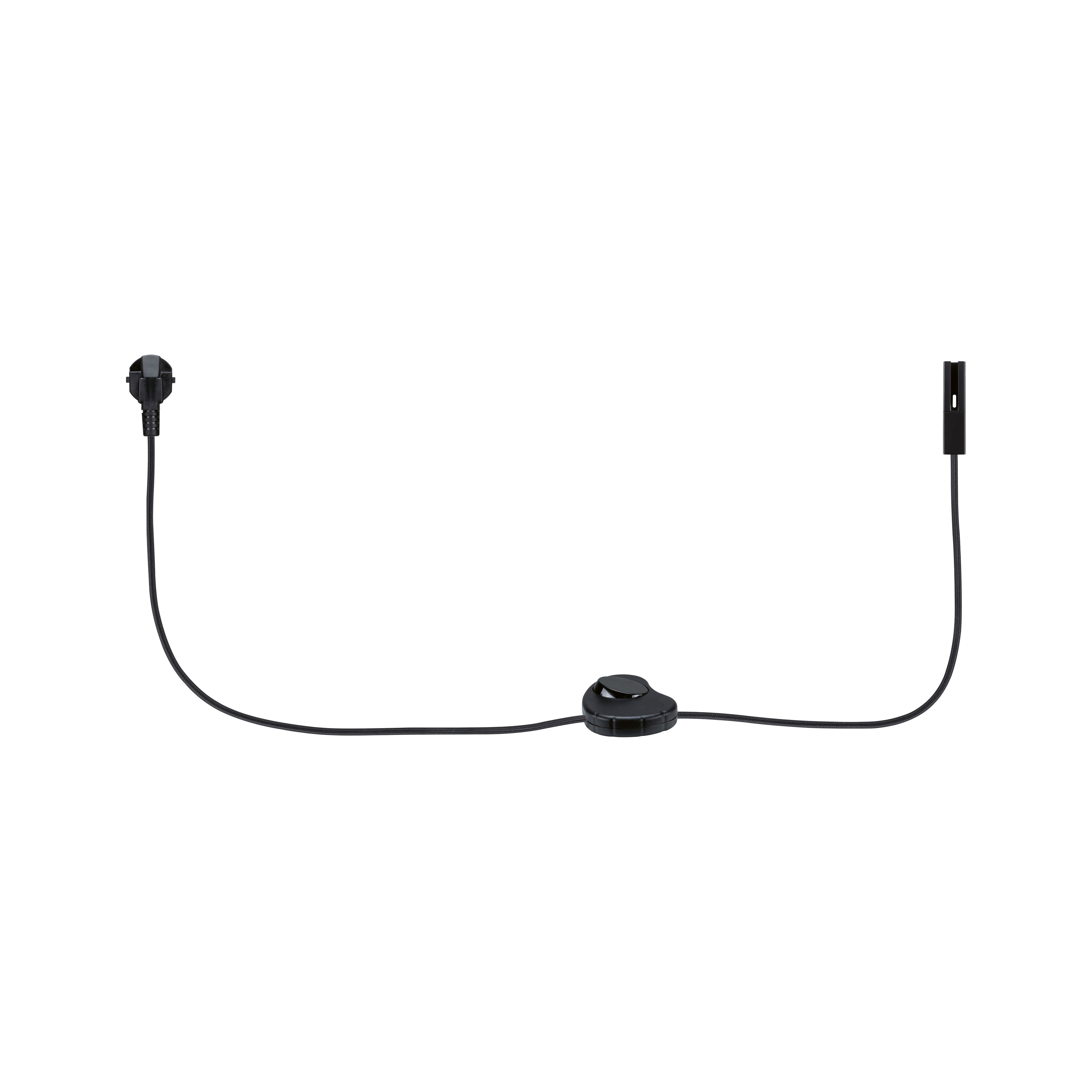 Schwarzes Kabel mit Stecker, Schalter und Buchse auf weißem Grund.