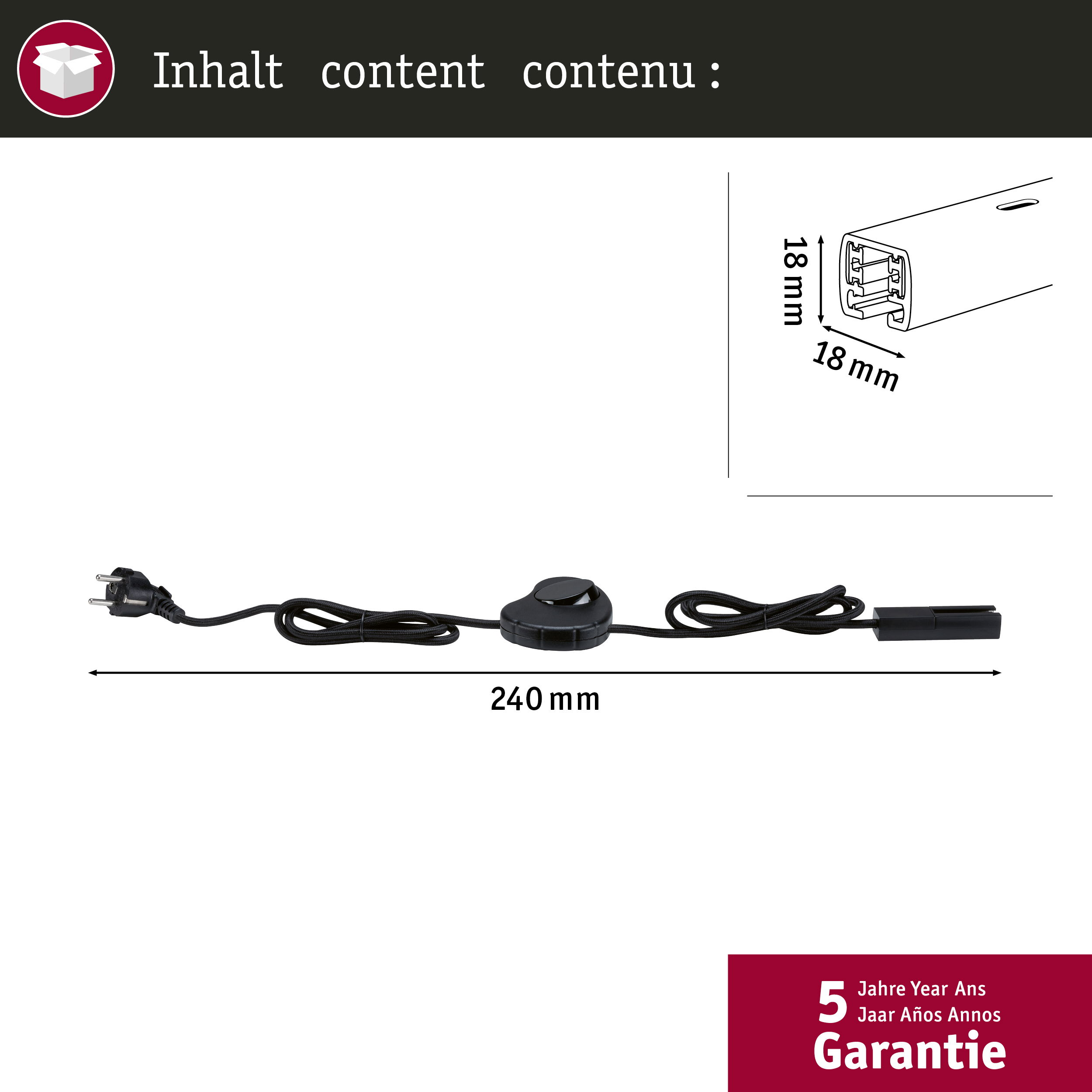 Schwarzes Kabel mit Stecker, Schalter und 240mm Längenangabe.
