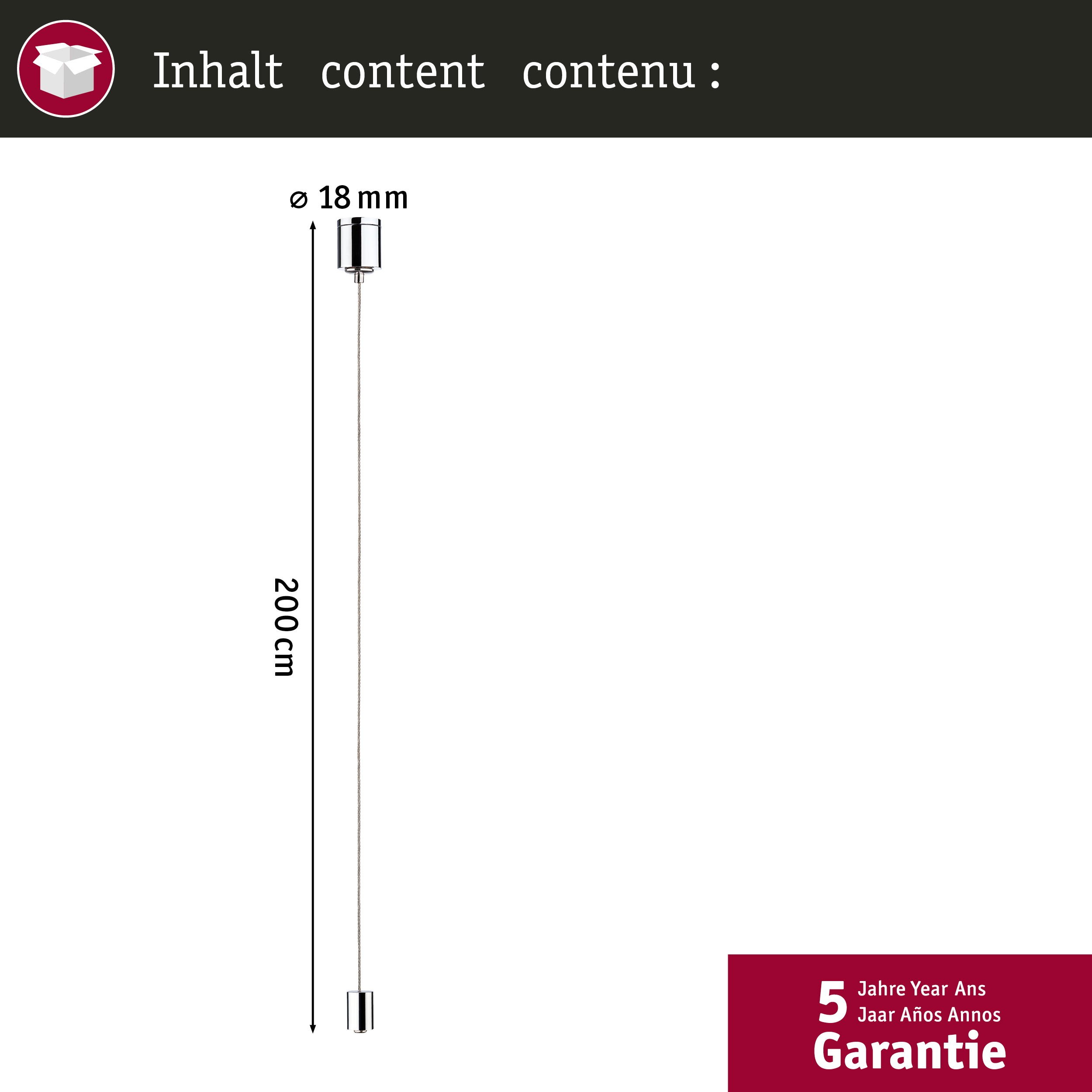 Ein 200 cm langes Kabel mit 18 mm Durchmesser und silbernen Endstücken.