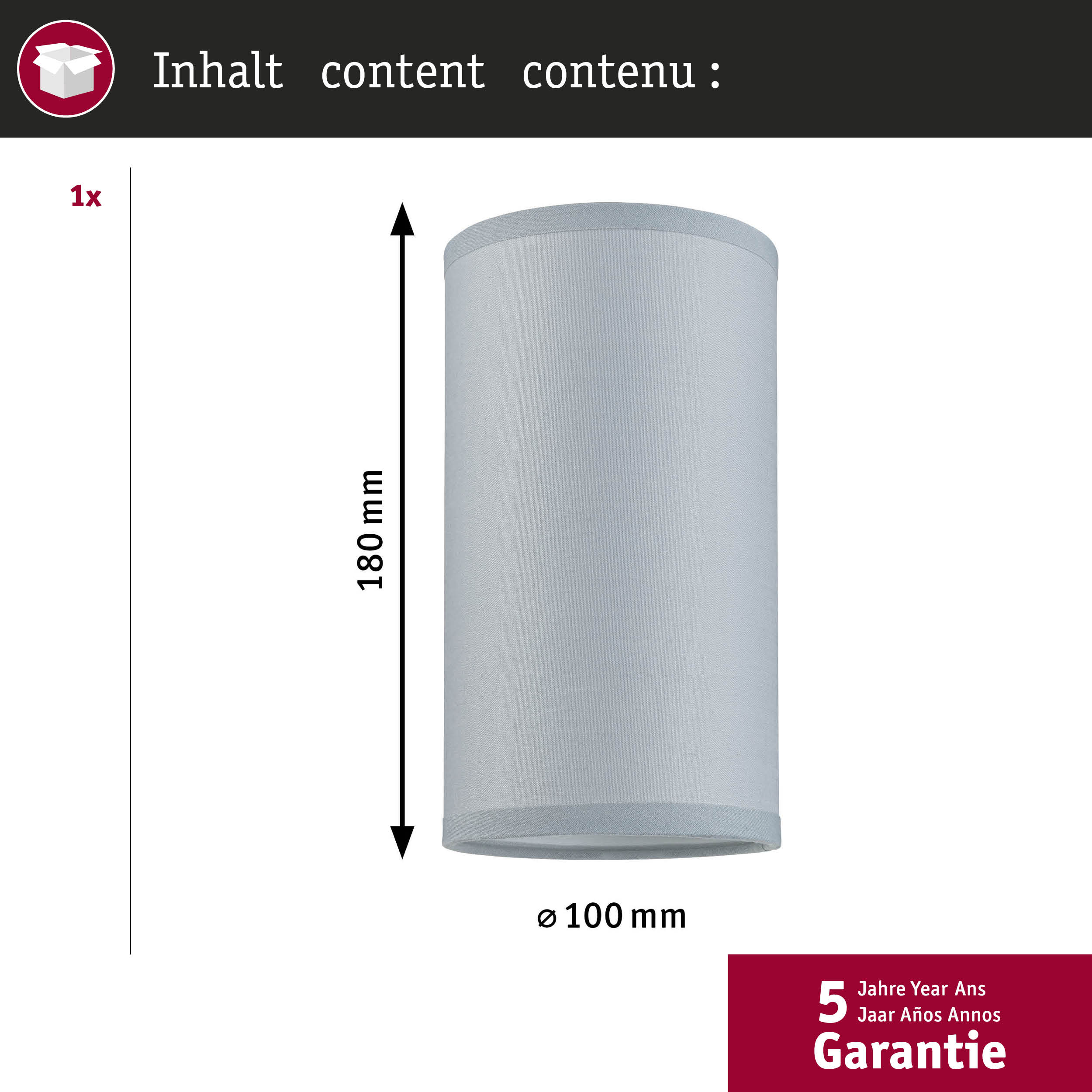 Grauer Lampenschirm, 180mm hoch, 100mm Durchmesser. 5 Jahre Garantie.