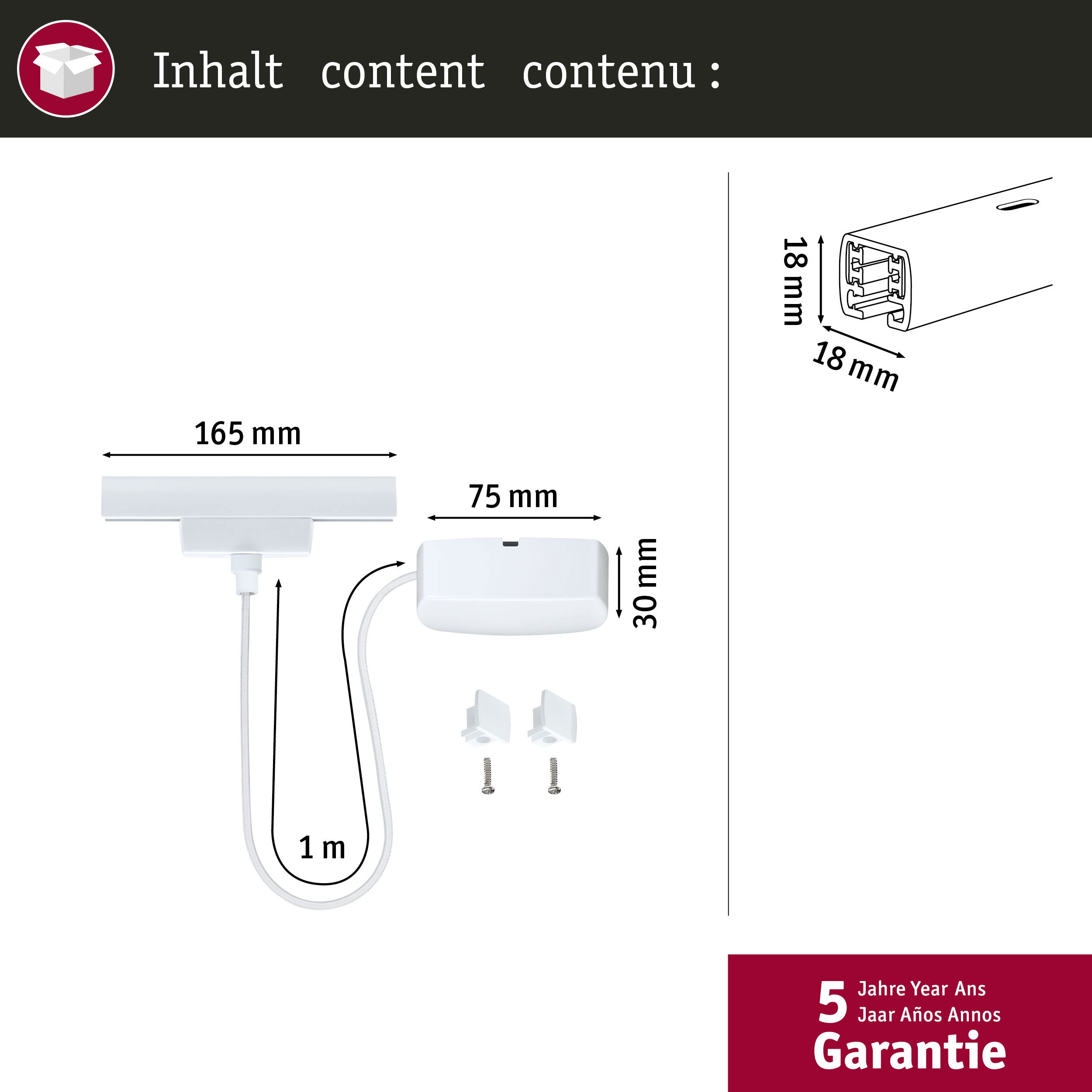 Weißes Zubehör mit Maßen: 165mm Stange, 75mm Box, 1m Kabel, 30/18mm Profil.