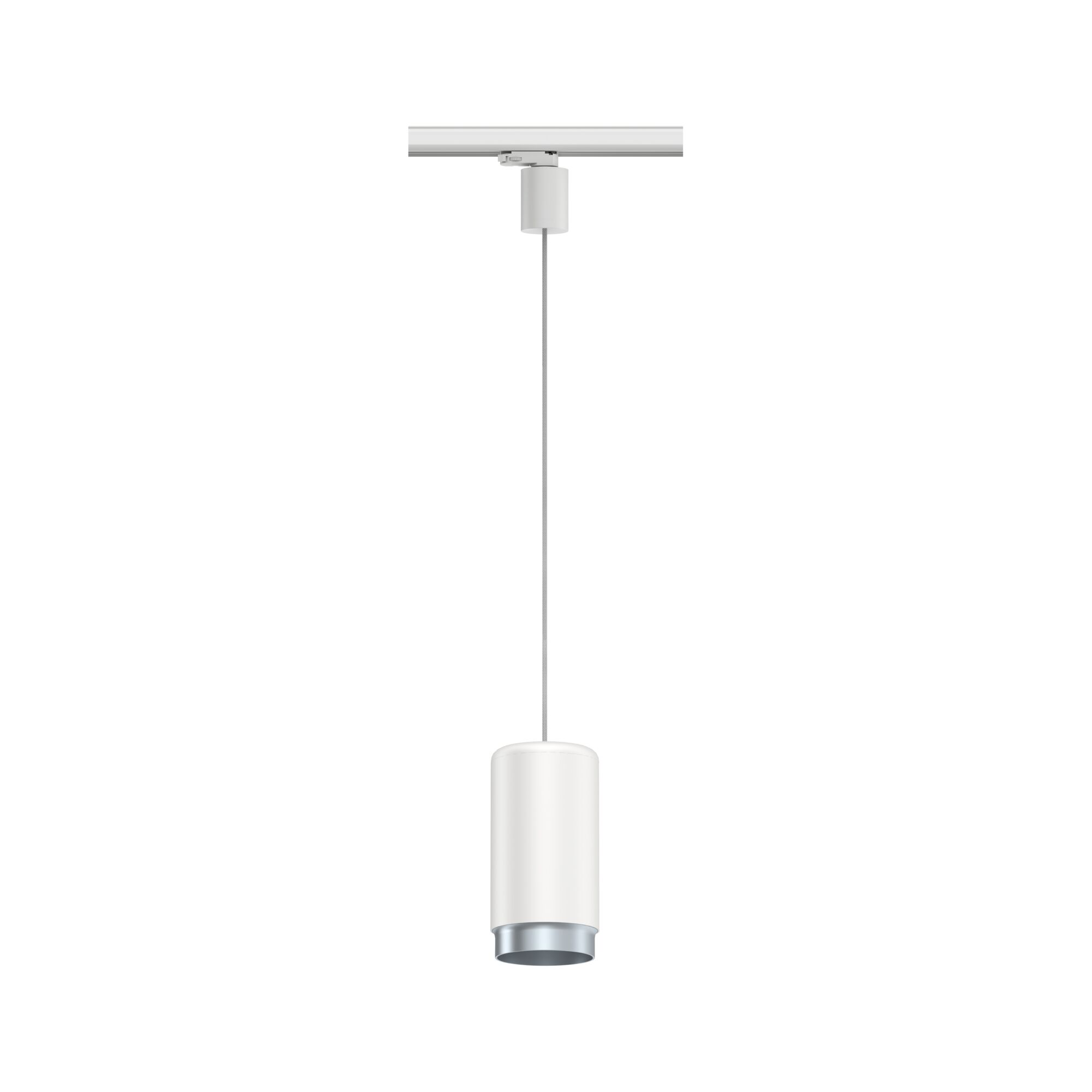 Eine weiße Pendelleuchte mit silbernem Sockel hängt an einem Kabel.