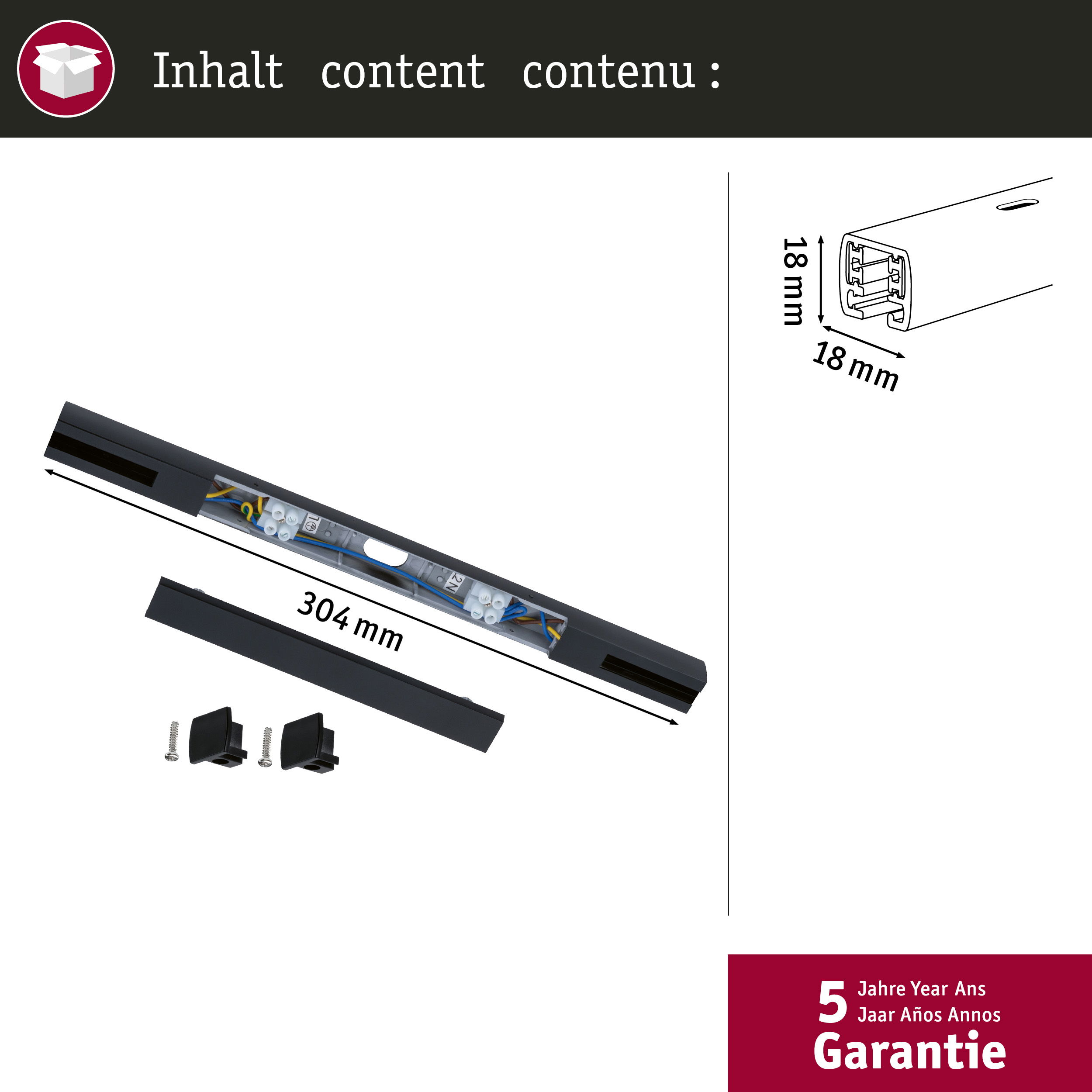 Ein schwarzer 304 mm langer LED-Streifen mit geöffneter Abdeckung und sichtbaren Kabeln.
