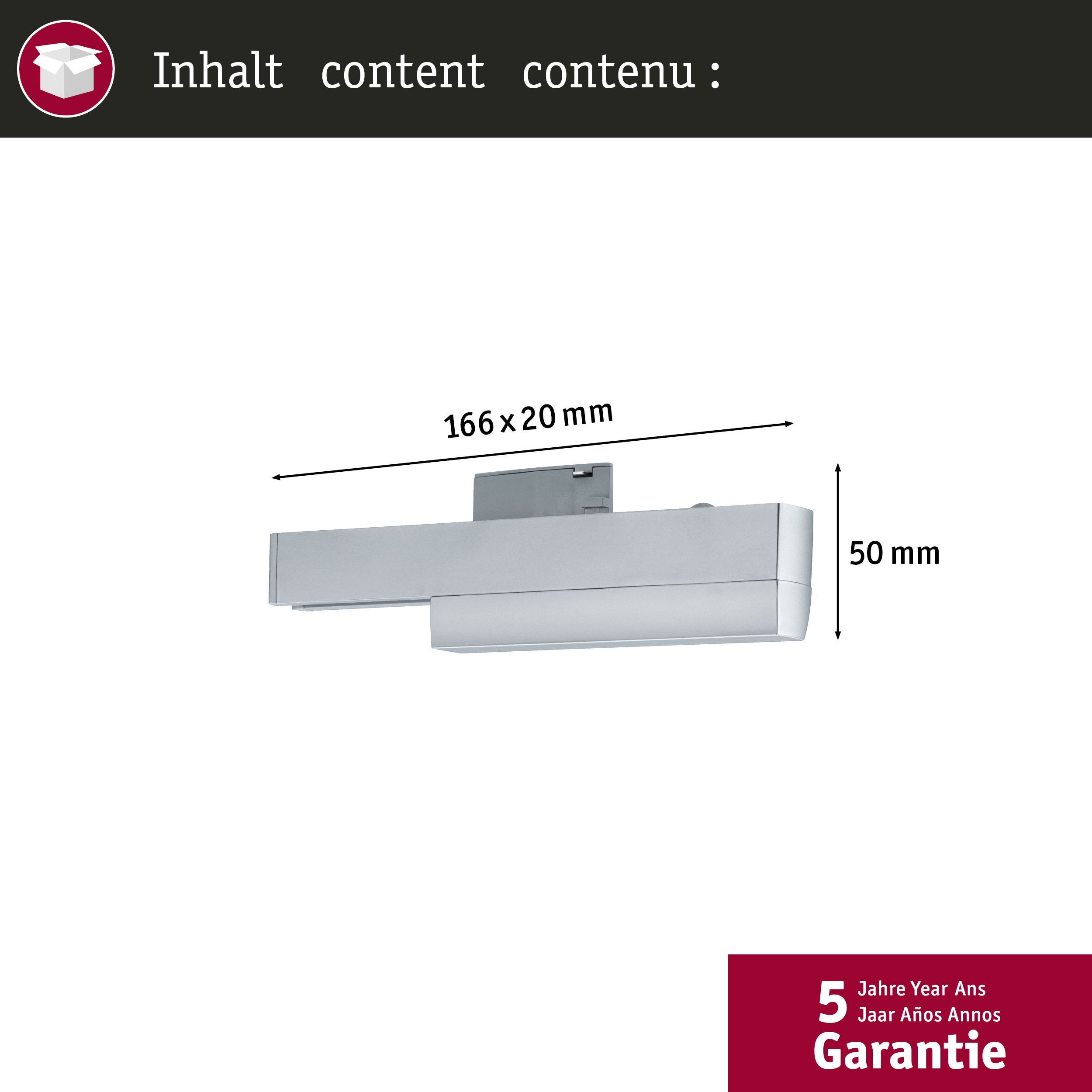 Silbernes Licht, 166x20mm, 50mm hoch. Garantie 5 Jahre.