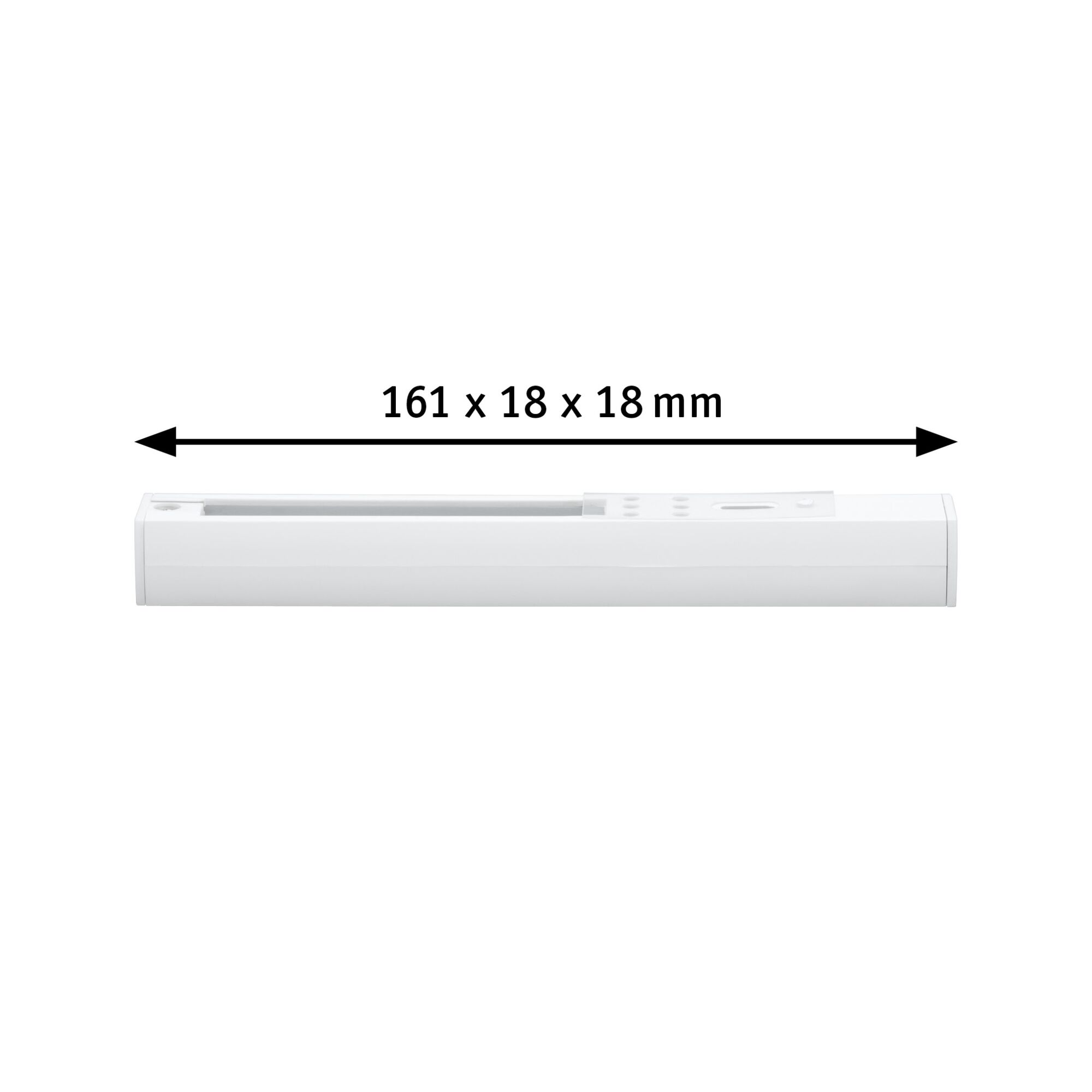 Ein weißes rechteckiges Objekt mit Maßen 161 x 18 x 18 mm.