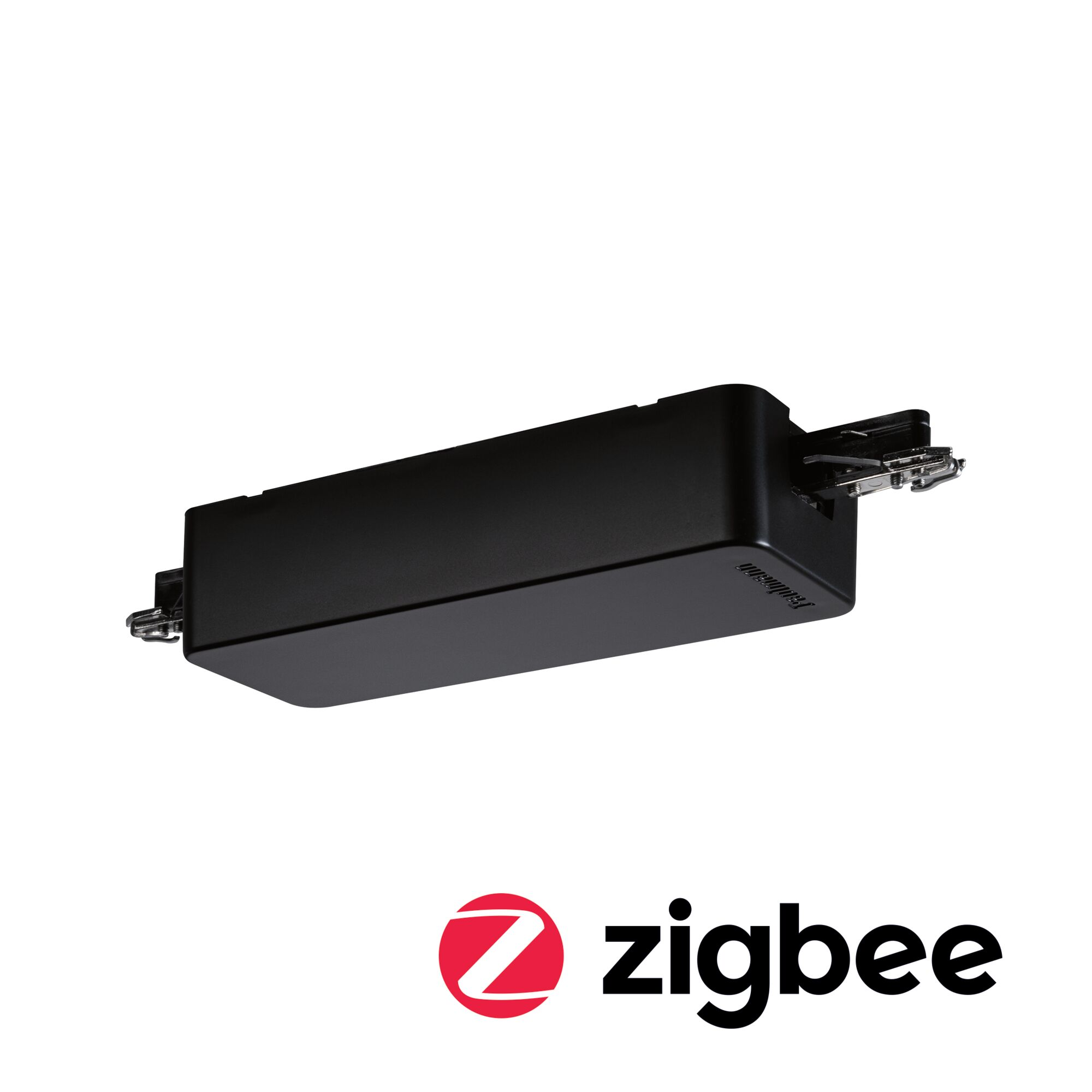 Schwarzer Zigbee-Adapter mit Metallanschlüssen und Logo auf weißem Hintergrund.