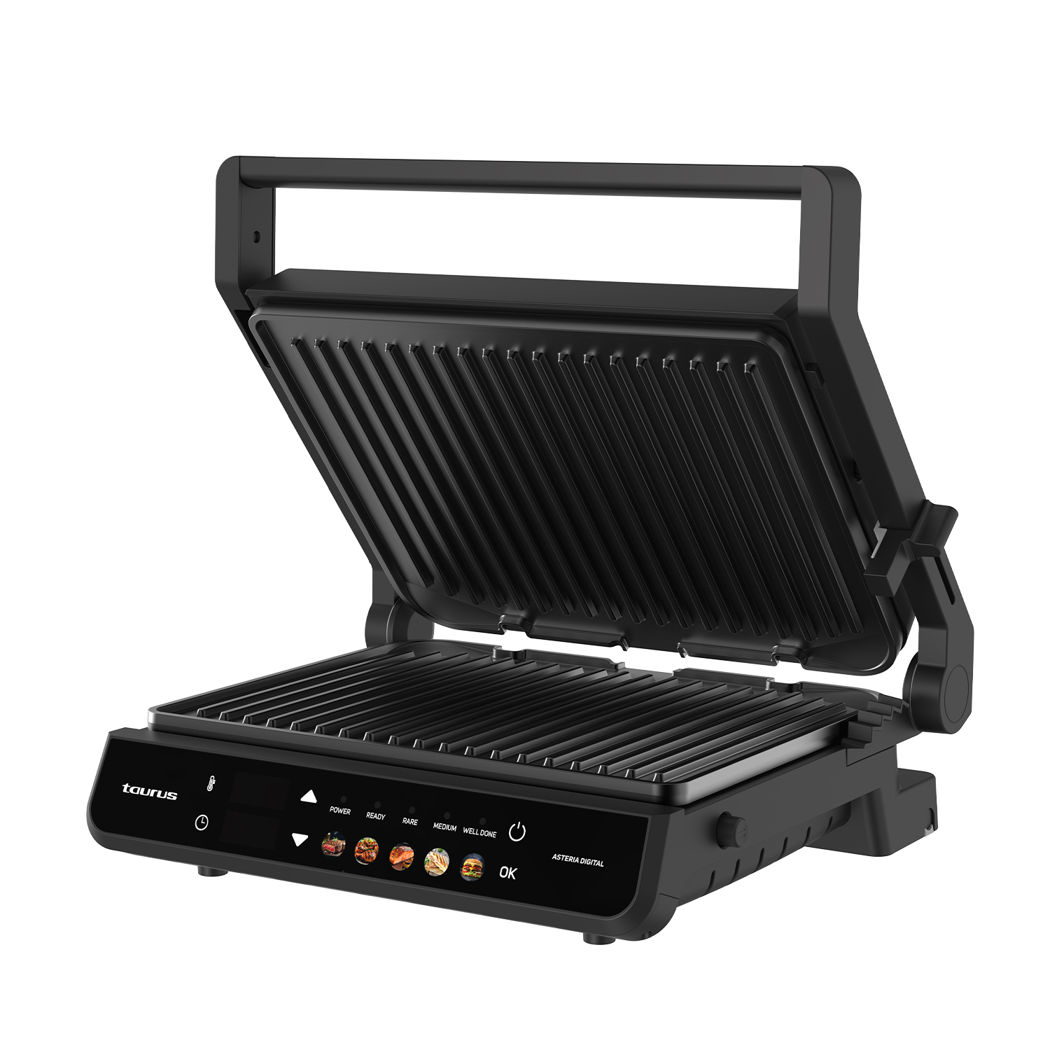 Una parrilla de contacto negra abierta con placas acanaladas y pantalla digital.