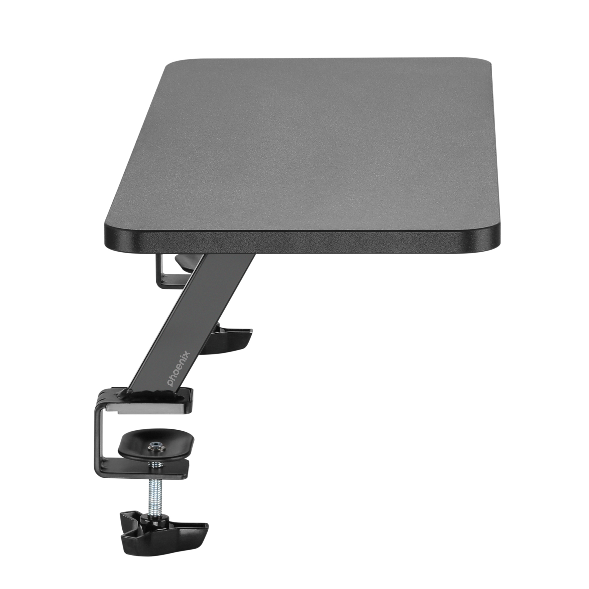Soporte de escritorio negro con abrazadera y brazo ajustable.