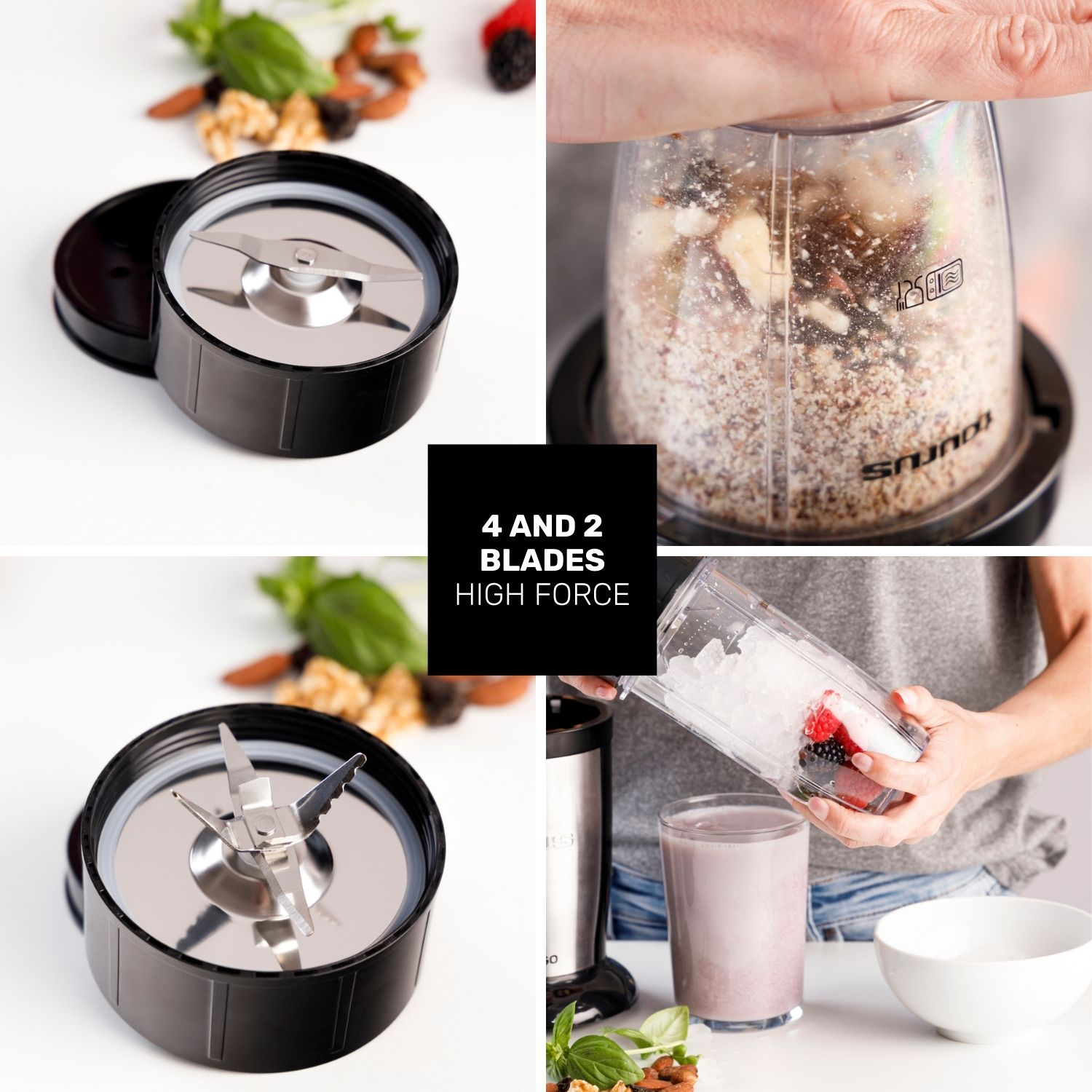 Una licuadora con diferentes accesorios e ingredientes para batidos.