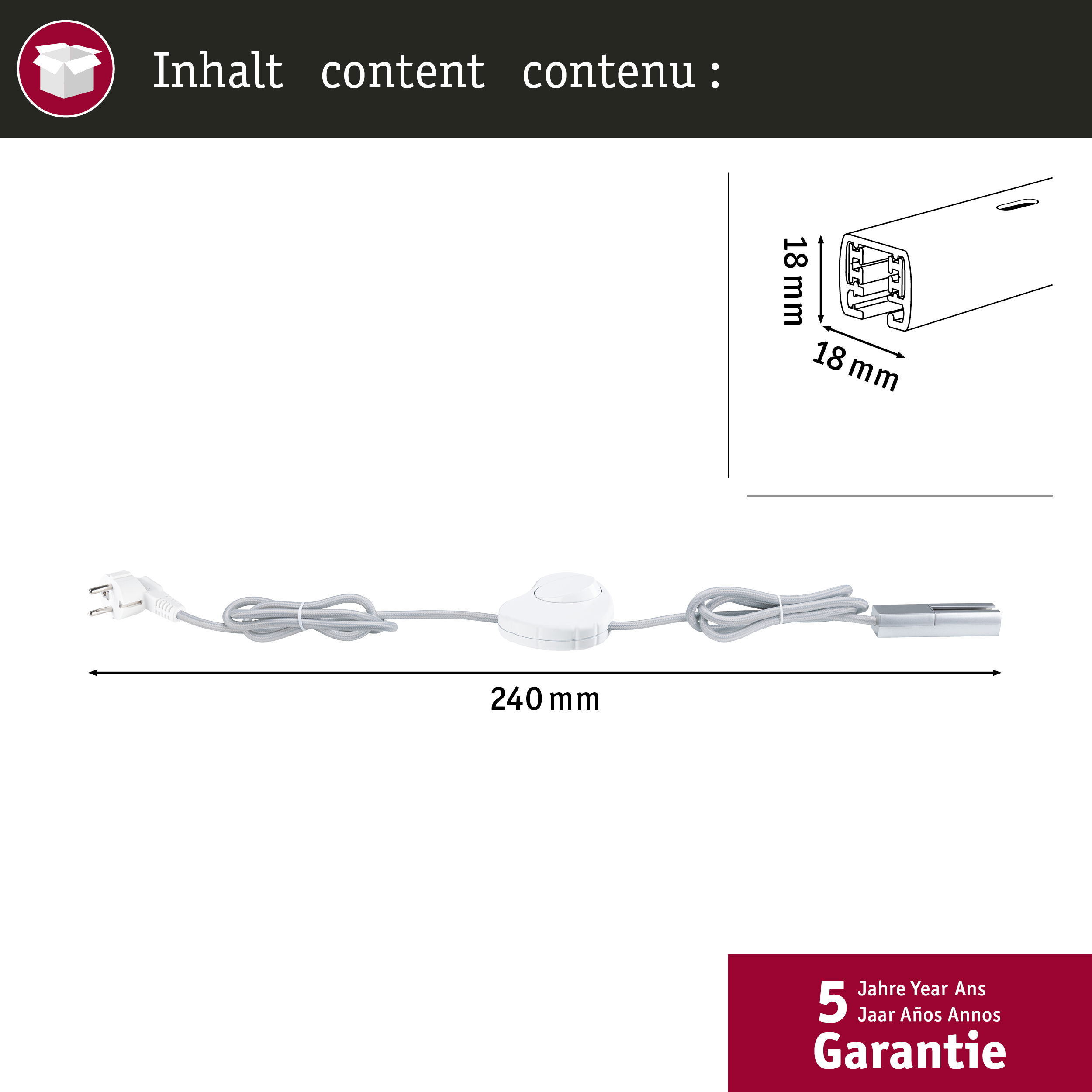 Ein weißes Kabel mit Schalter, Stecker und Endstück, 240mm lang.