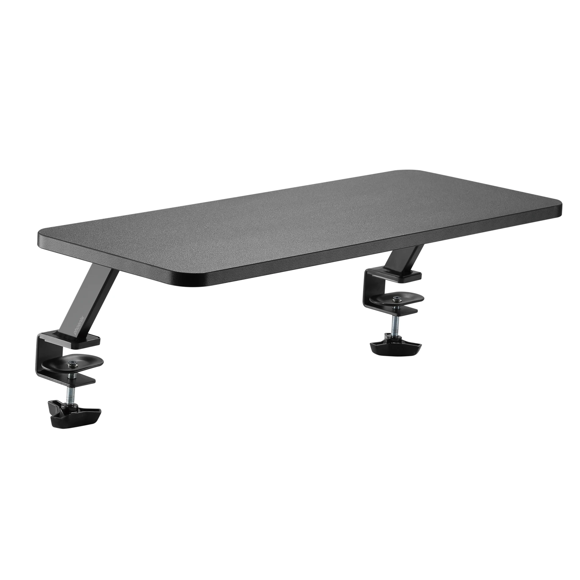 Estante negro para escritorio con abrazaderas, fijado a una superficie de mesa.