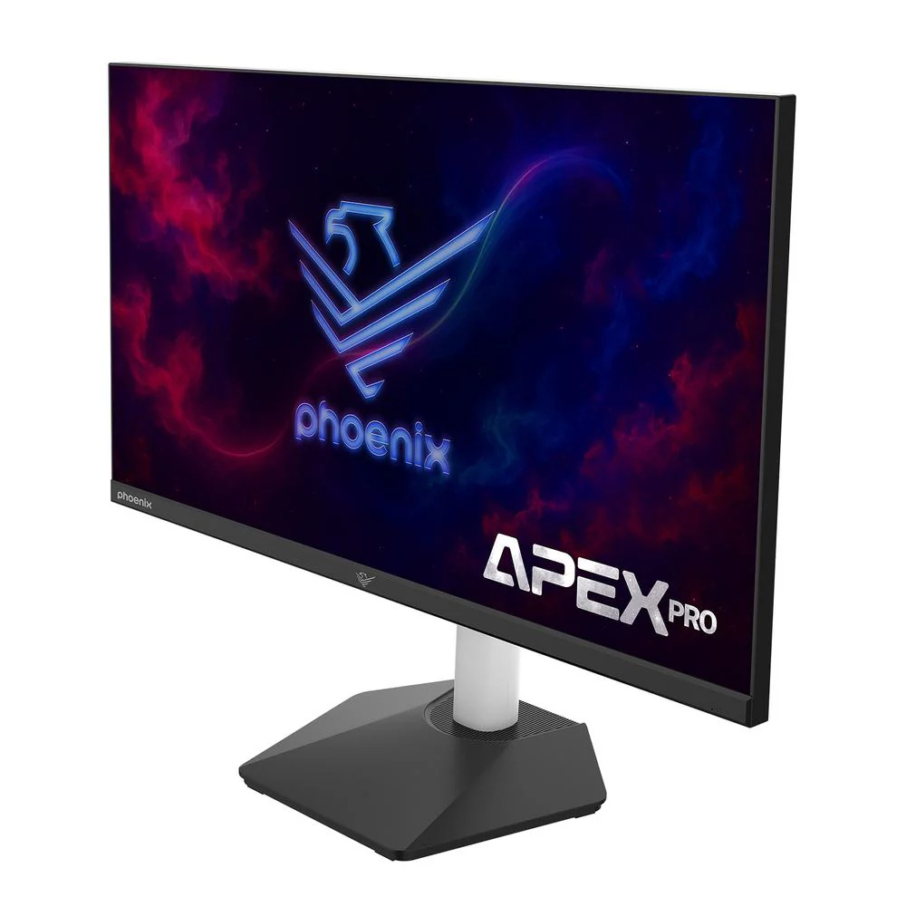 Un monitor negro muestra un logo de fénix y texto APEX PRO en pantalla.