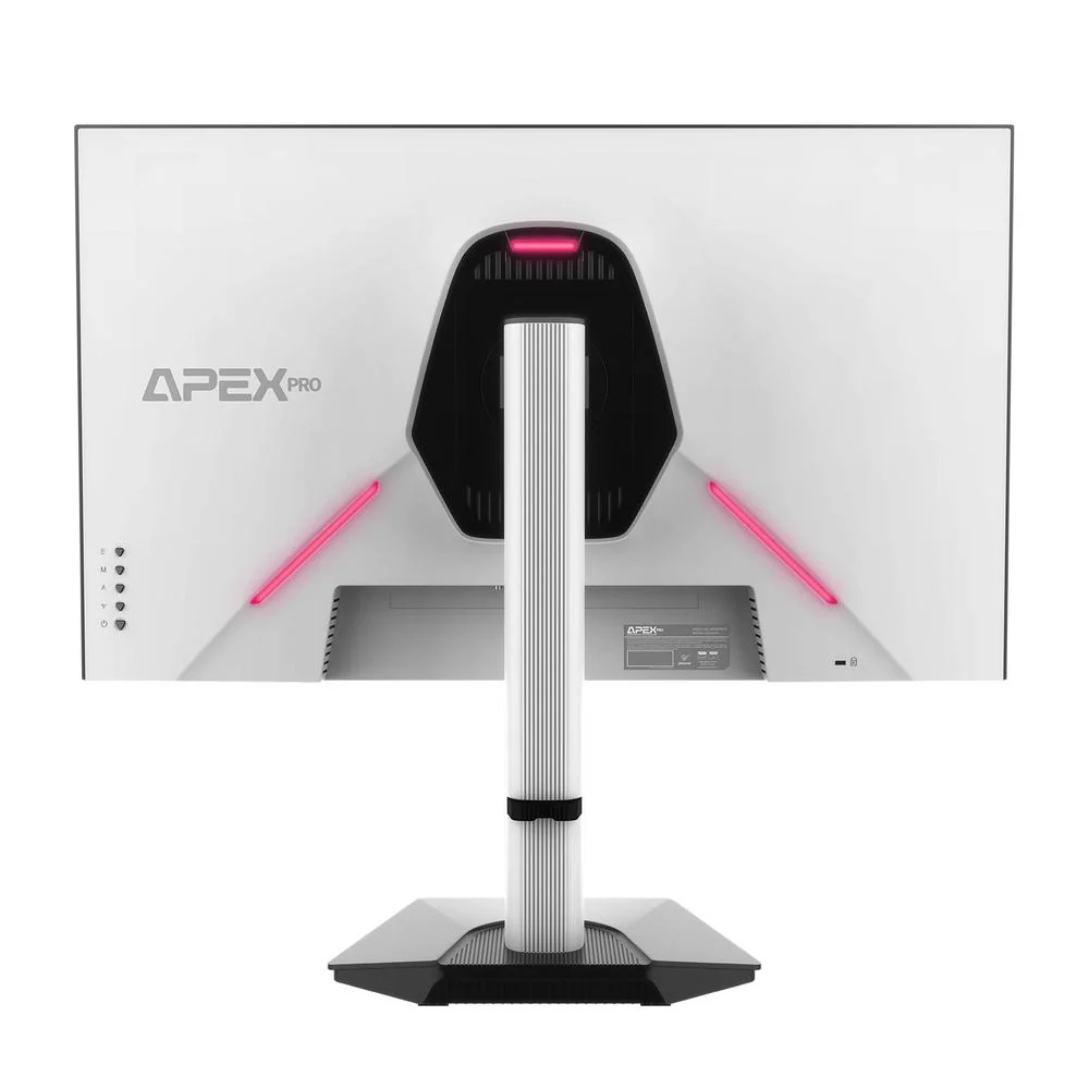 Parte trasera de un monitor blanco con soporte plateado e iluminación de acento rosa.