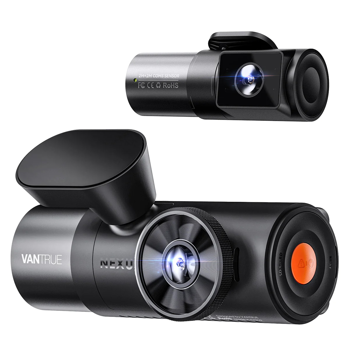 Two black dashcams, one top, one bottom, featuring lenses and buttons.