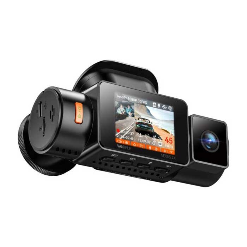 A black dash cam recorder with a screen shows a car driving scene at 45 MPH.