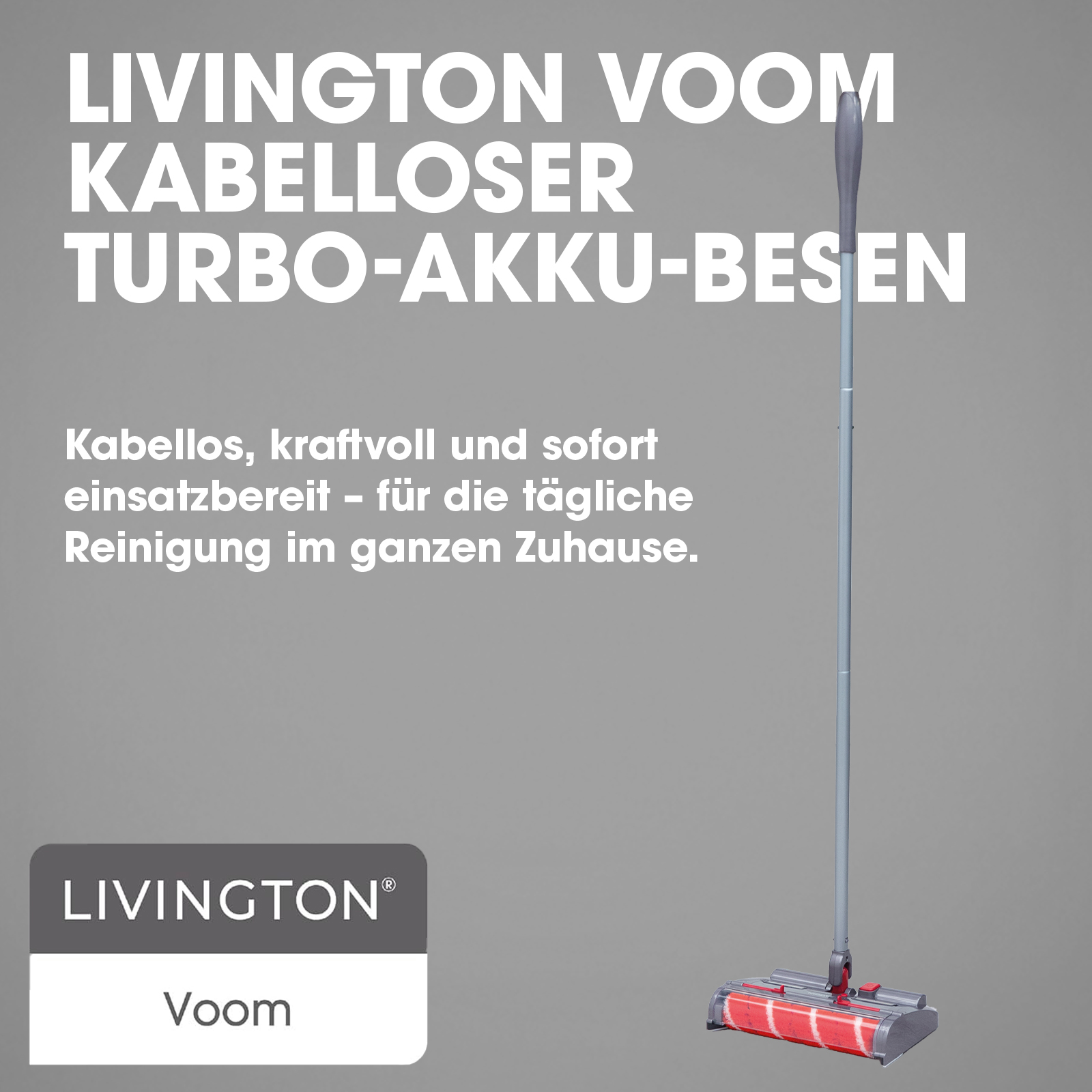 Ein kabelloser Akku-Besen mit roter Bürste steht vor grauem Hintergrund.