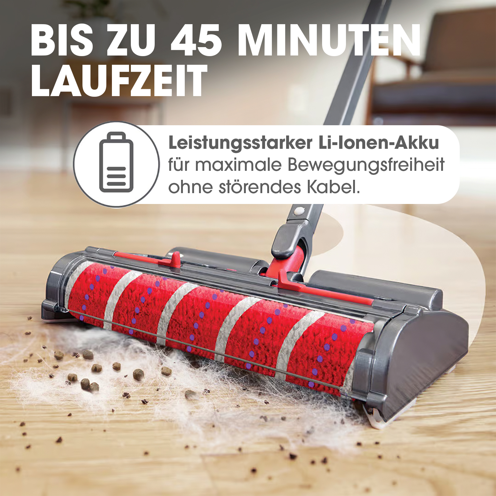 Staubsaugerbürste reinigt Holzfußboden von Staub und Krümeln. Akku-Symbol.