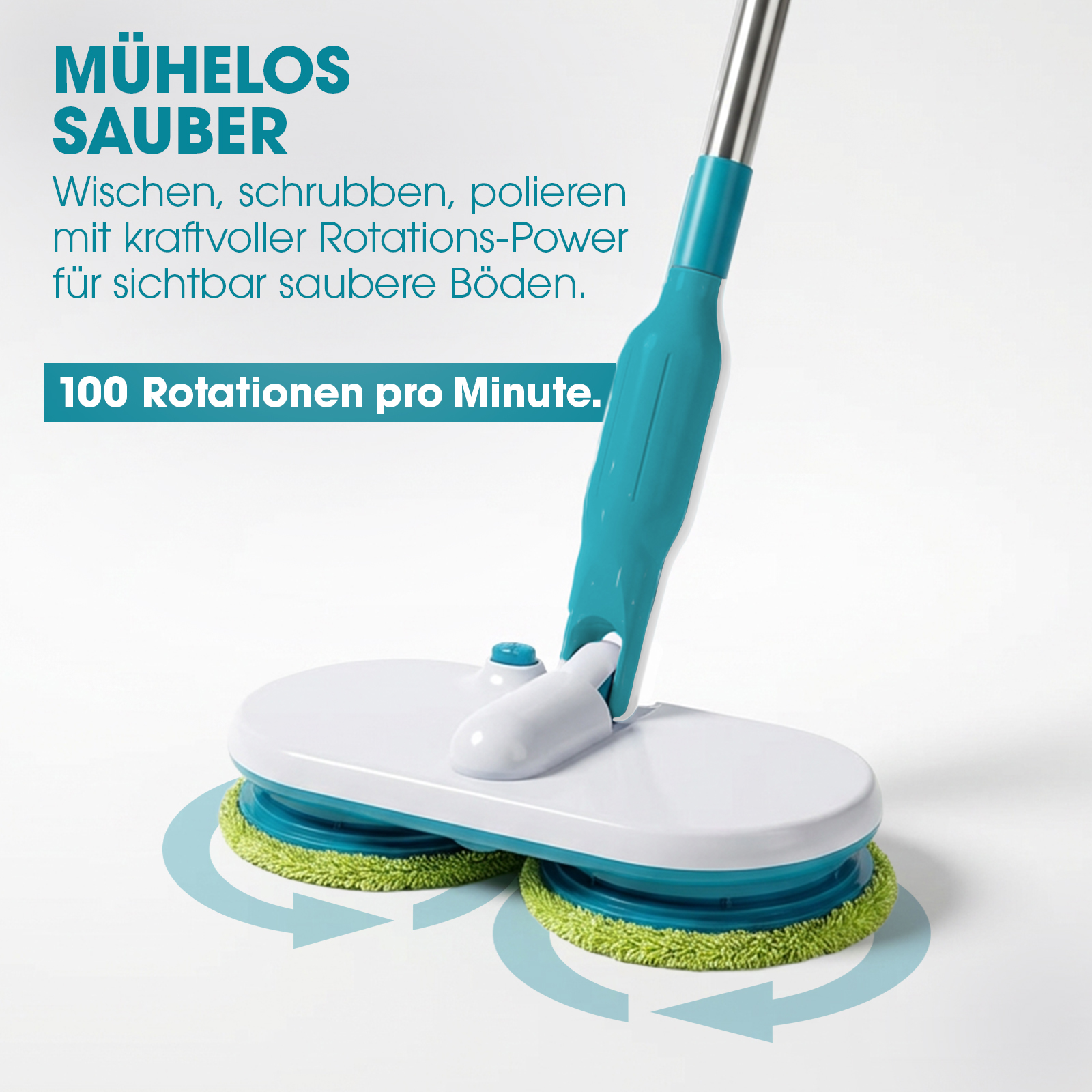 Ein rotierender Wischmopp mit blauem Griff und grünen Pads, der Böden reinigt.