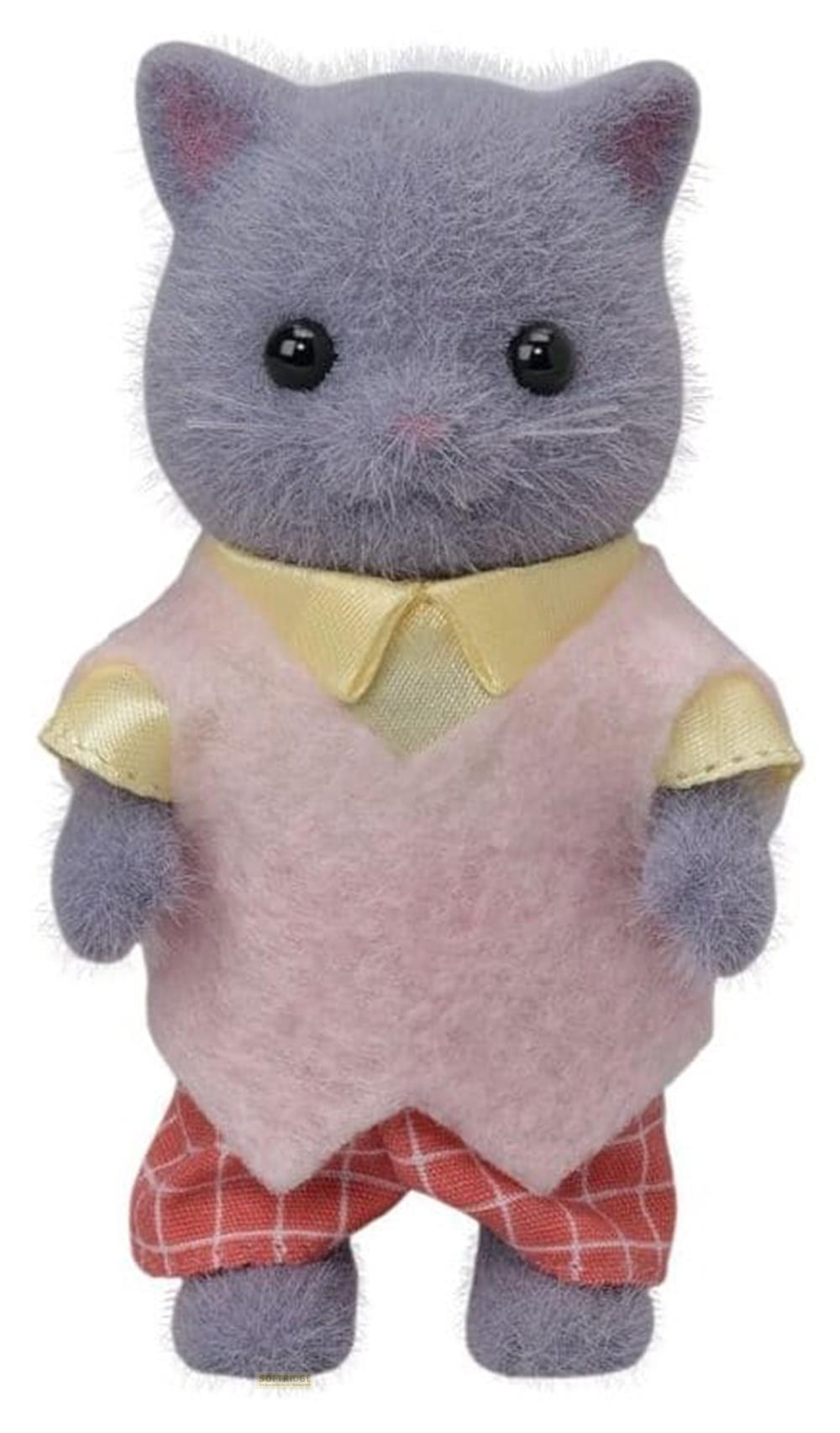 Graue Katze mit rosa Weste und karierter Hose, vor weißem Hintergrund.