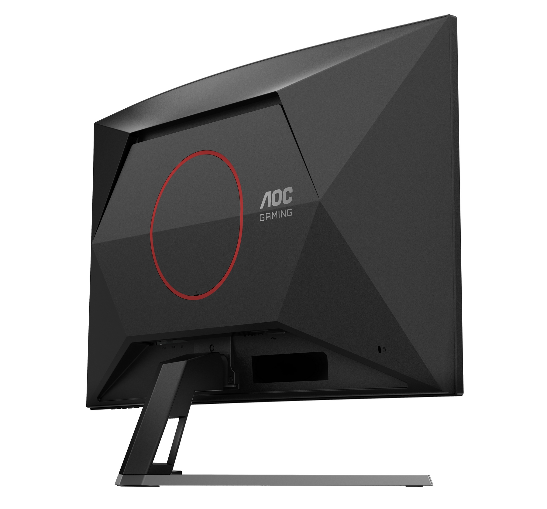 Tył czarnego monitora AOC Gaming z czerwonym okrągłym logo i srebrną podstawą.