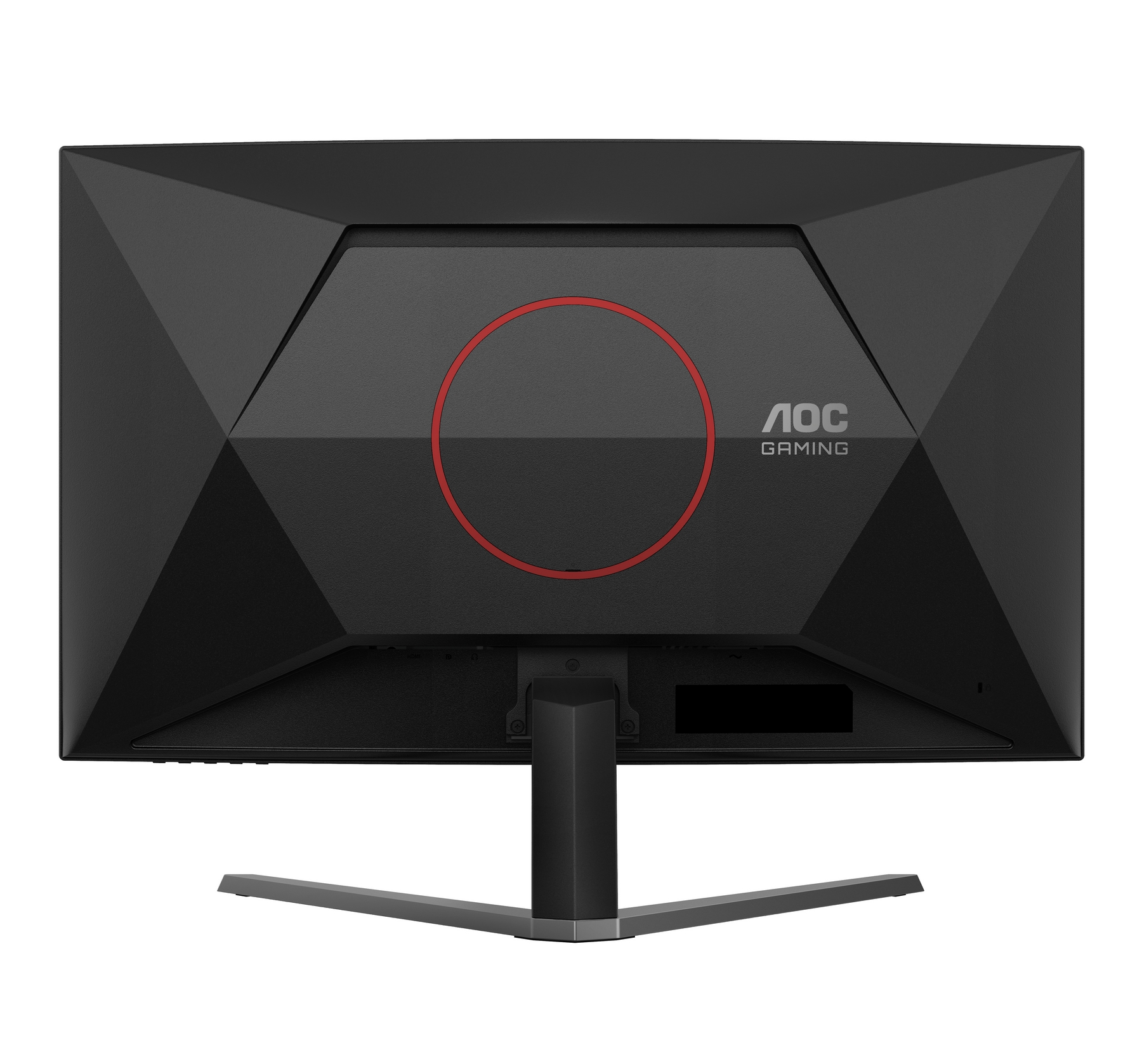 Tył czarnego monitora gamingowego AOC z czerwonym okręgiem i logo.