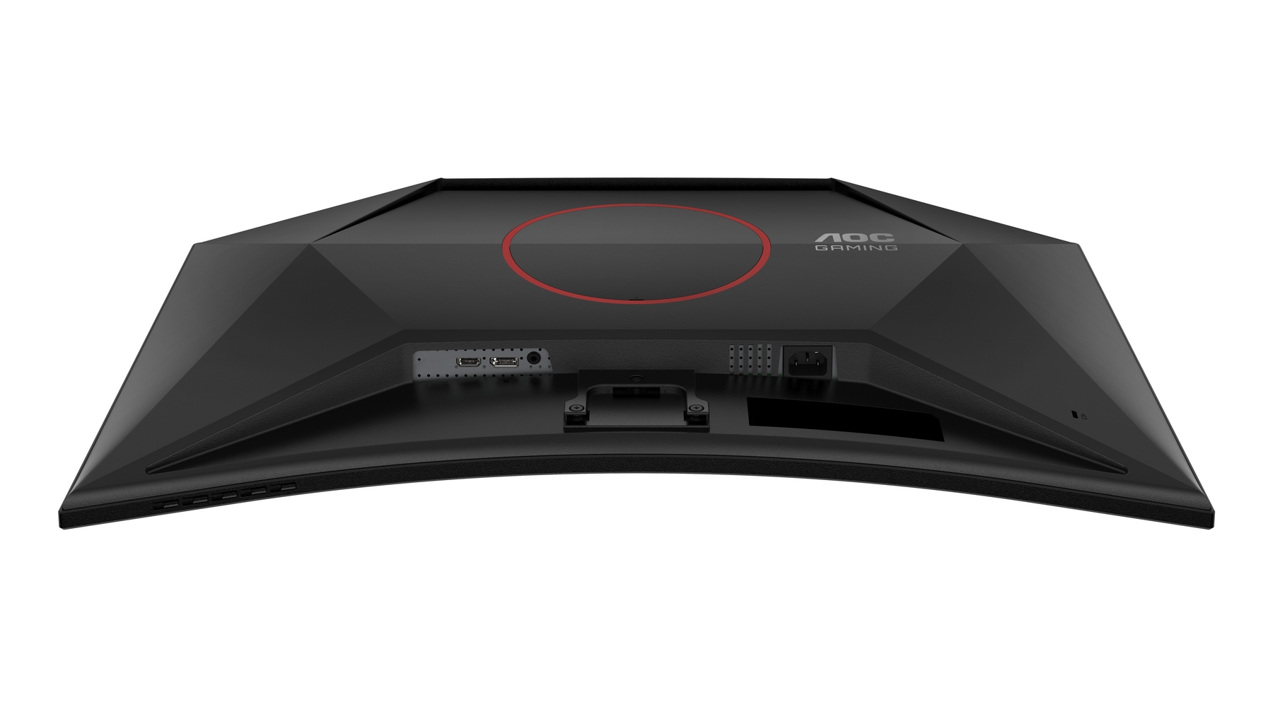 Tył czarnego monitora AOC Gaming z portami i czerwonym akcentem koła.
