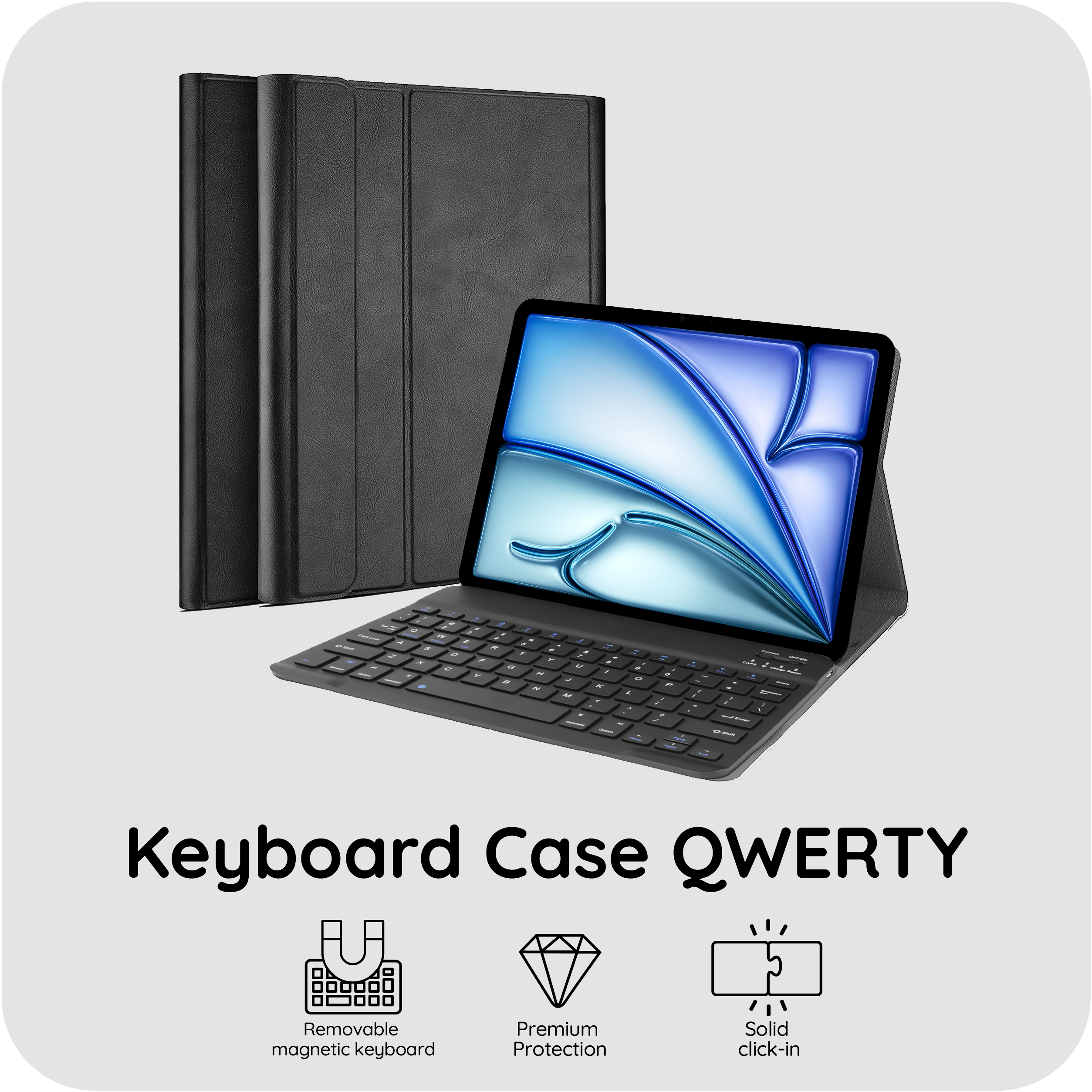 Schwarze Tastaturhülle mit Tablet und Tastatur.