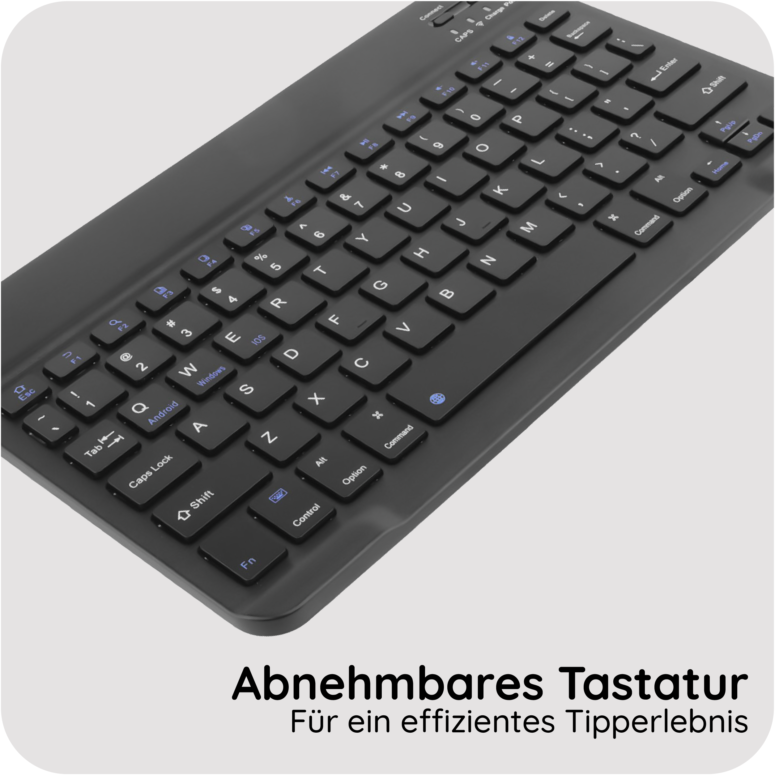 Eine schwarze, abnehmbare Tastatur mit blauen Sondertasten auf hellem Hintergrund.