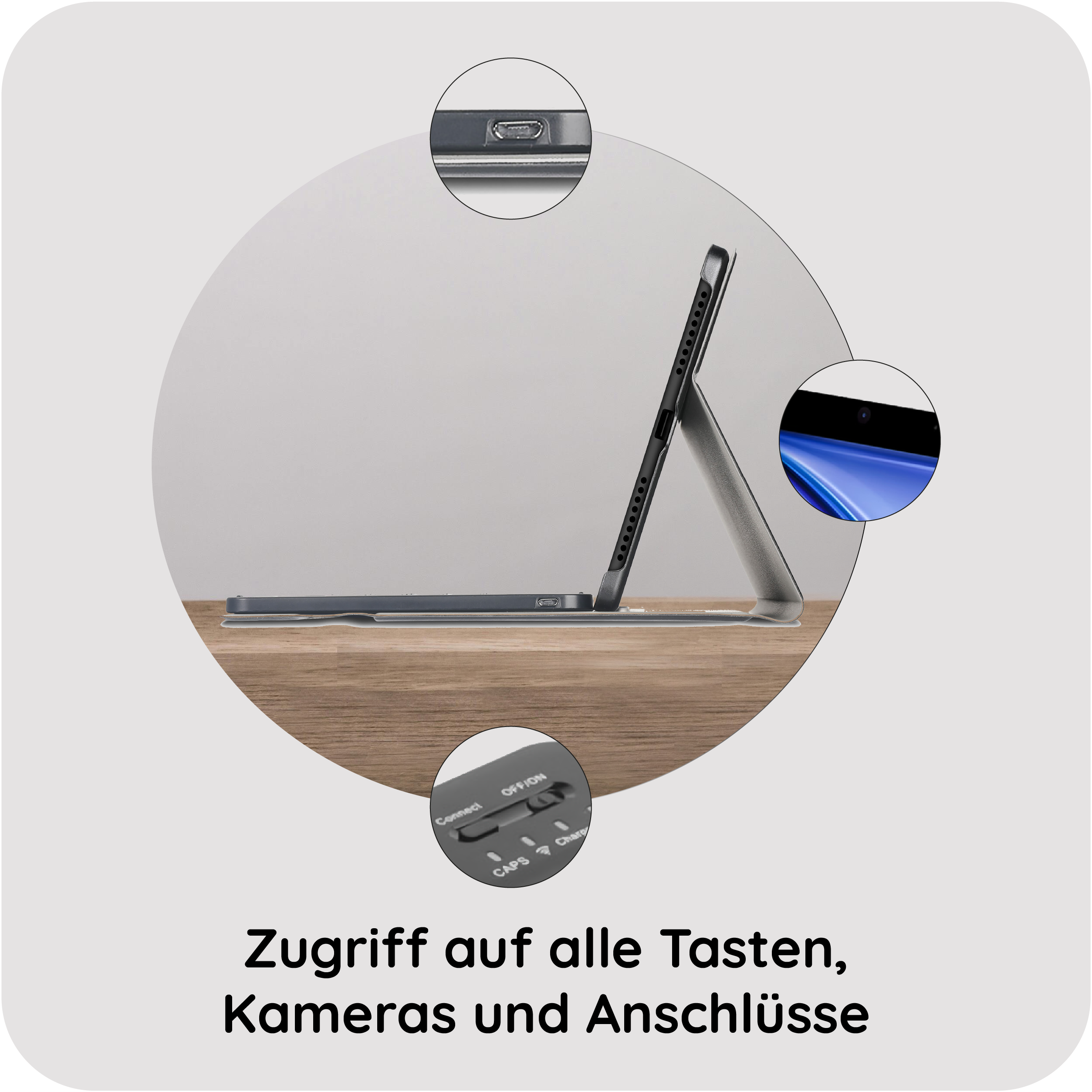 Tablet mit Hülle, Nahaufnahme von Anschlüssen und Schalter.