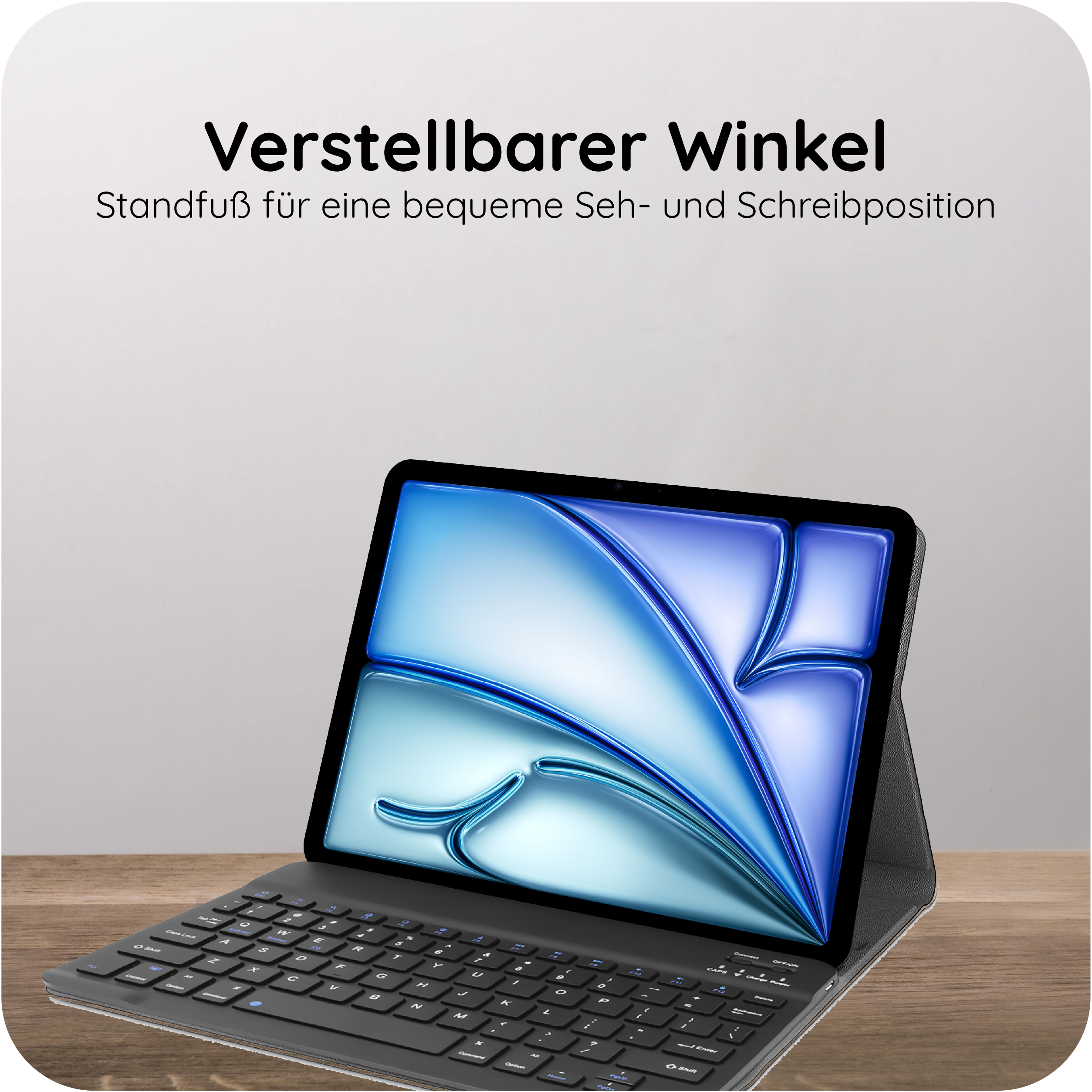 Tablet mit Tastatur, verstellbarer Winkel für bequeme Nutzung.