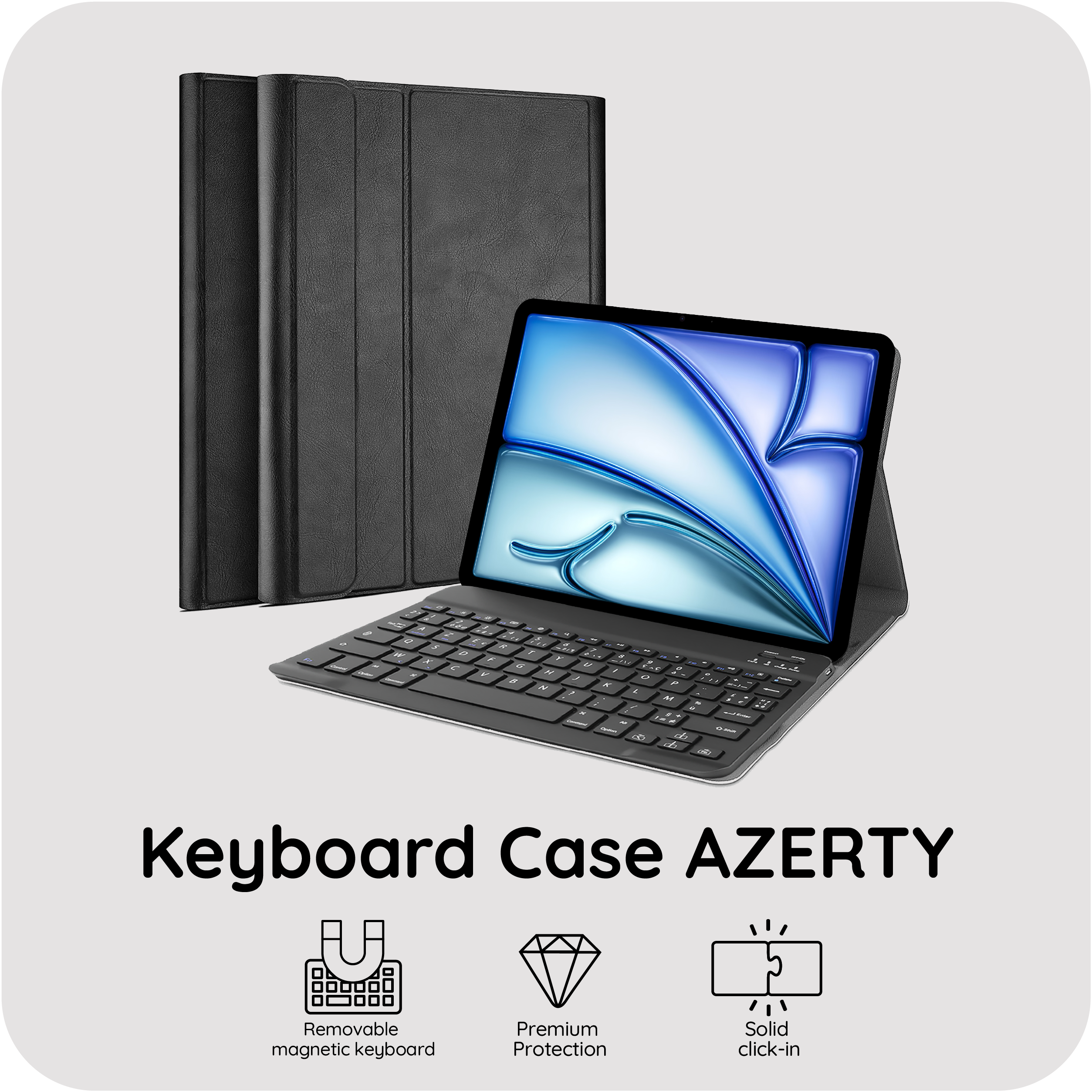 Schwarzes Tablet mit Tastaturhülle und blauem Bildschirmhintergrund.