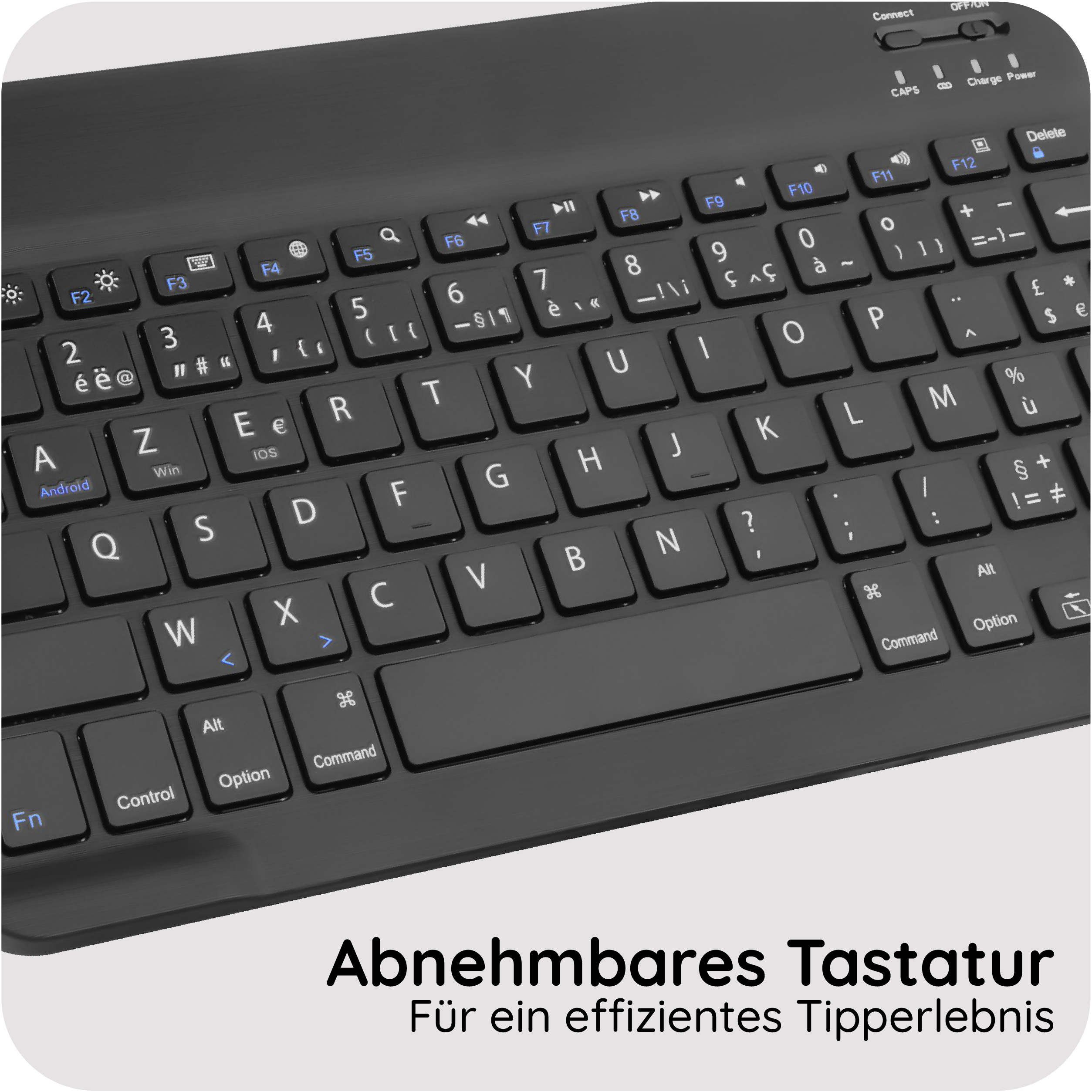 Eine schwarze Tastatur mit beleuchteten Tasten und Symbolen, Nahaufnahme.