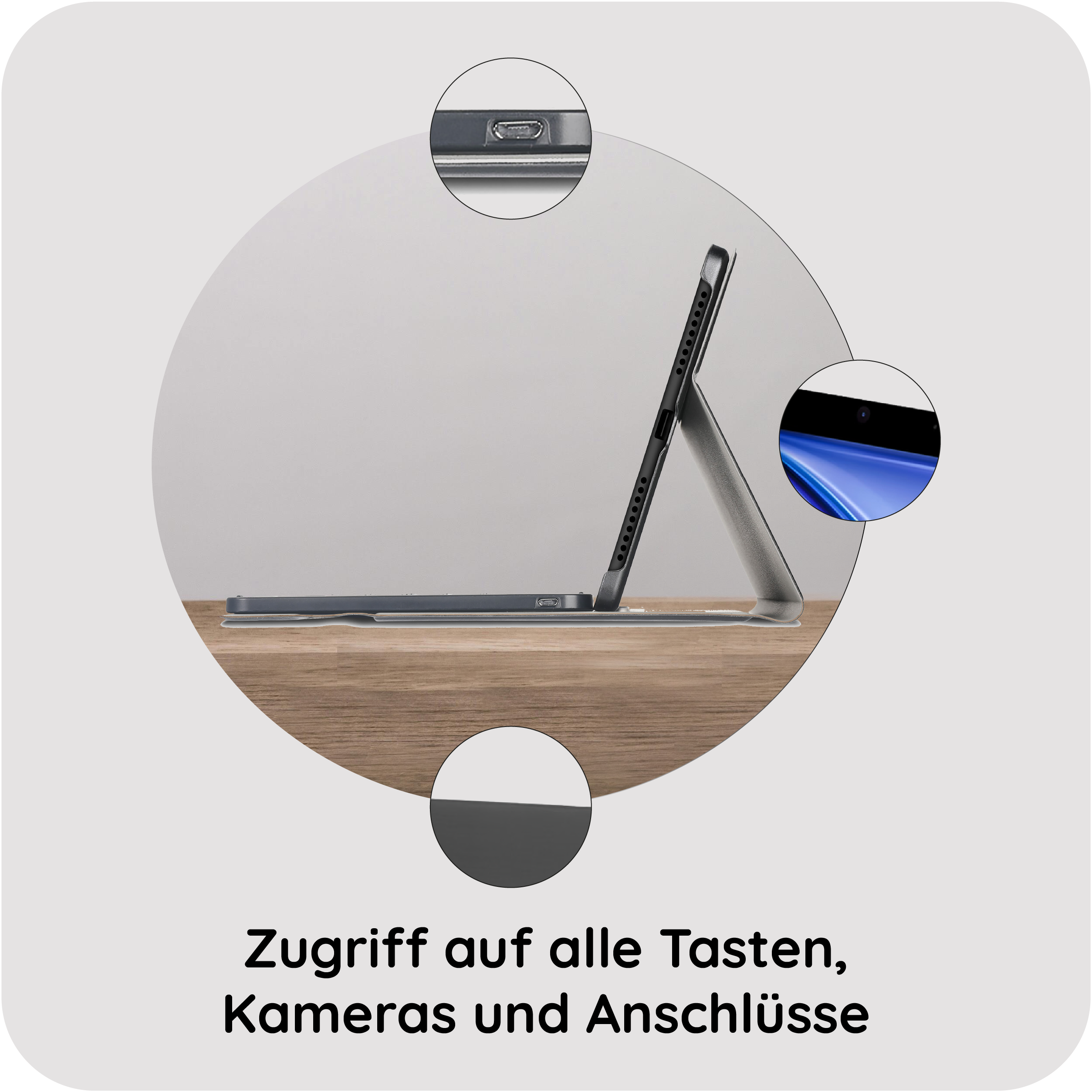 Ein Tablet in Schutzhülle auf einem Holztisch, mit Nahaufnahmen der Anschlüsse.