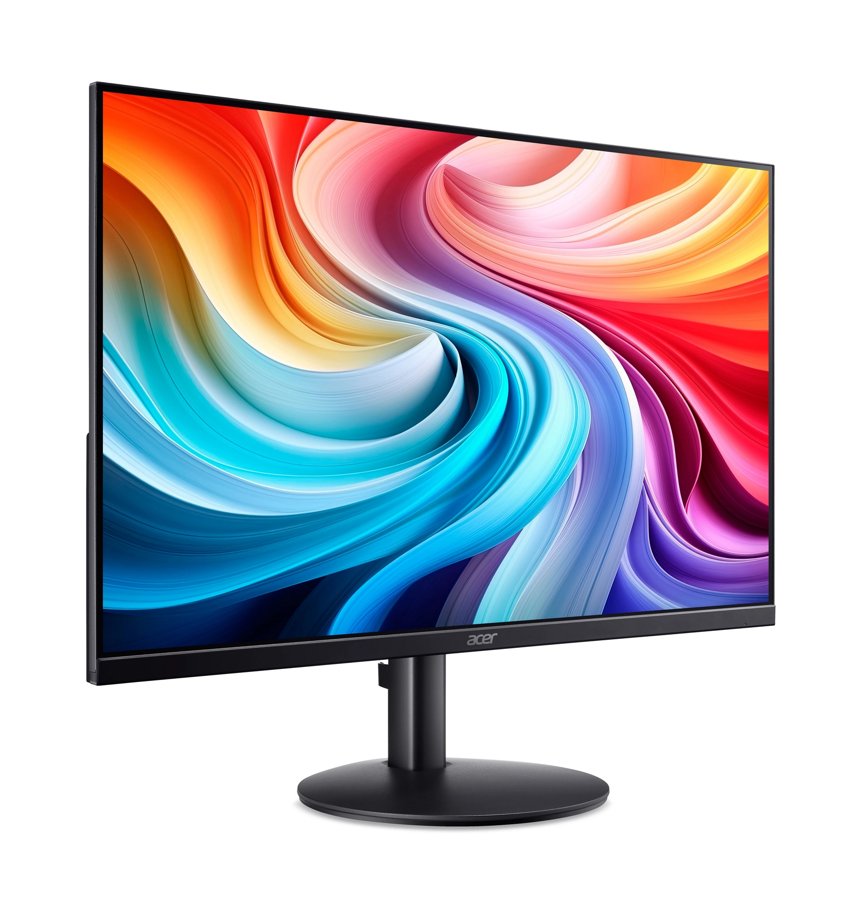 Un monitor Acer nero con uno schermo a motivo colorato e vorticoso.