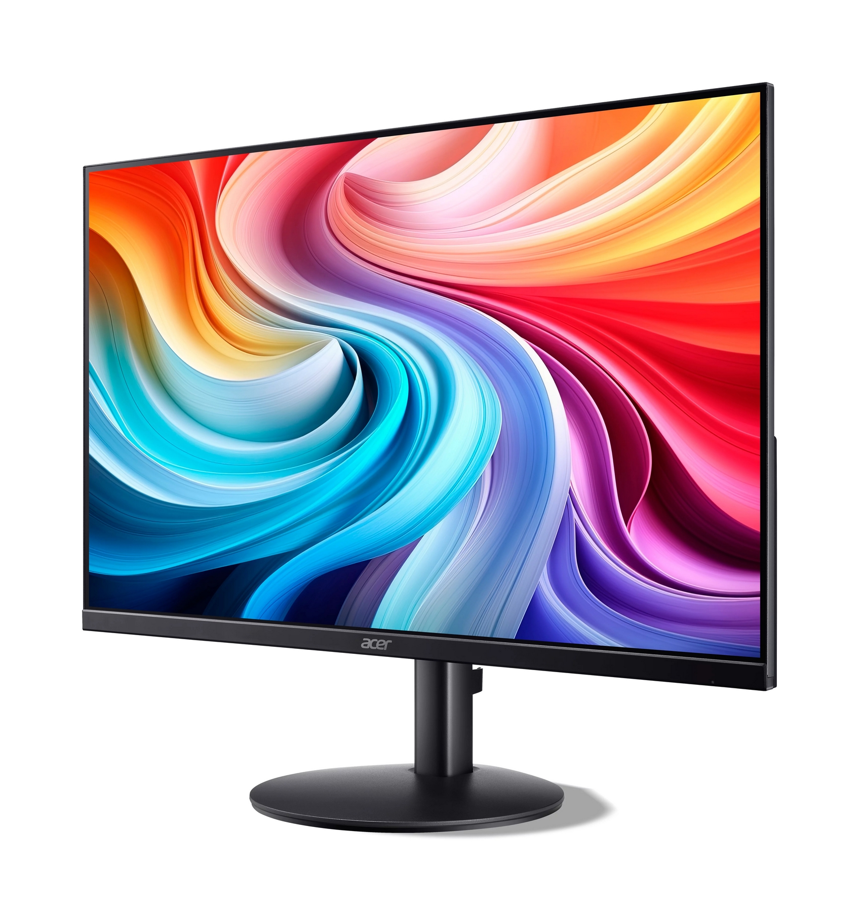 Un monitor Acer con un'immagine di sfondo colorata e vorticosa sullo schermo.