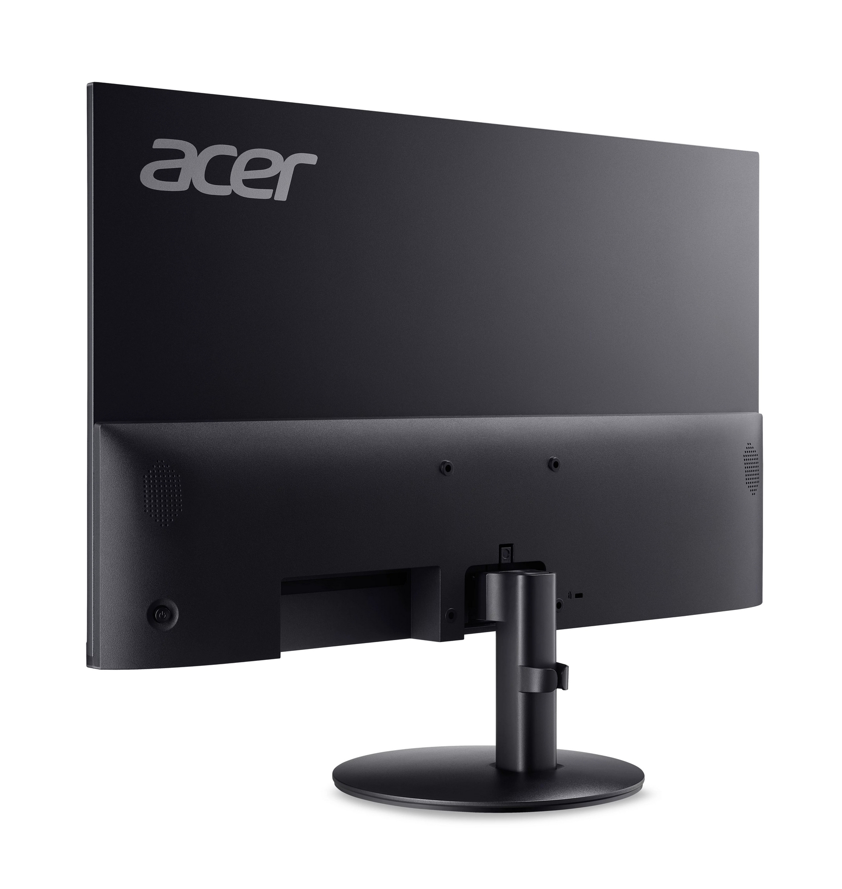 Il retro di un monitor Acer nero con base rotonda.