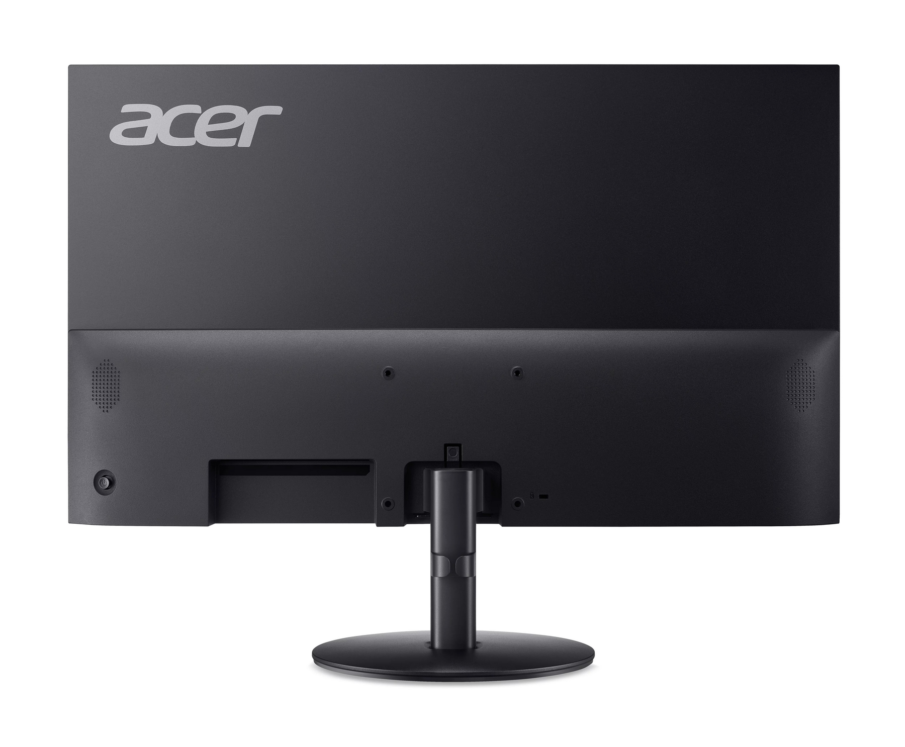Vista posteriore di un monitor Acer nero con logo argento e supporto.