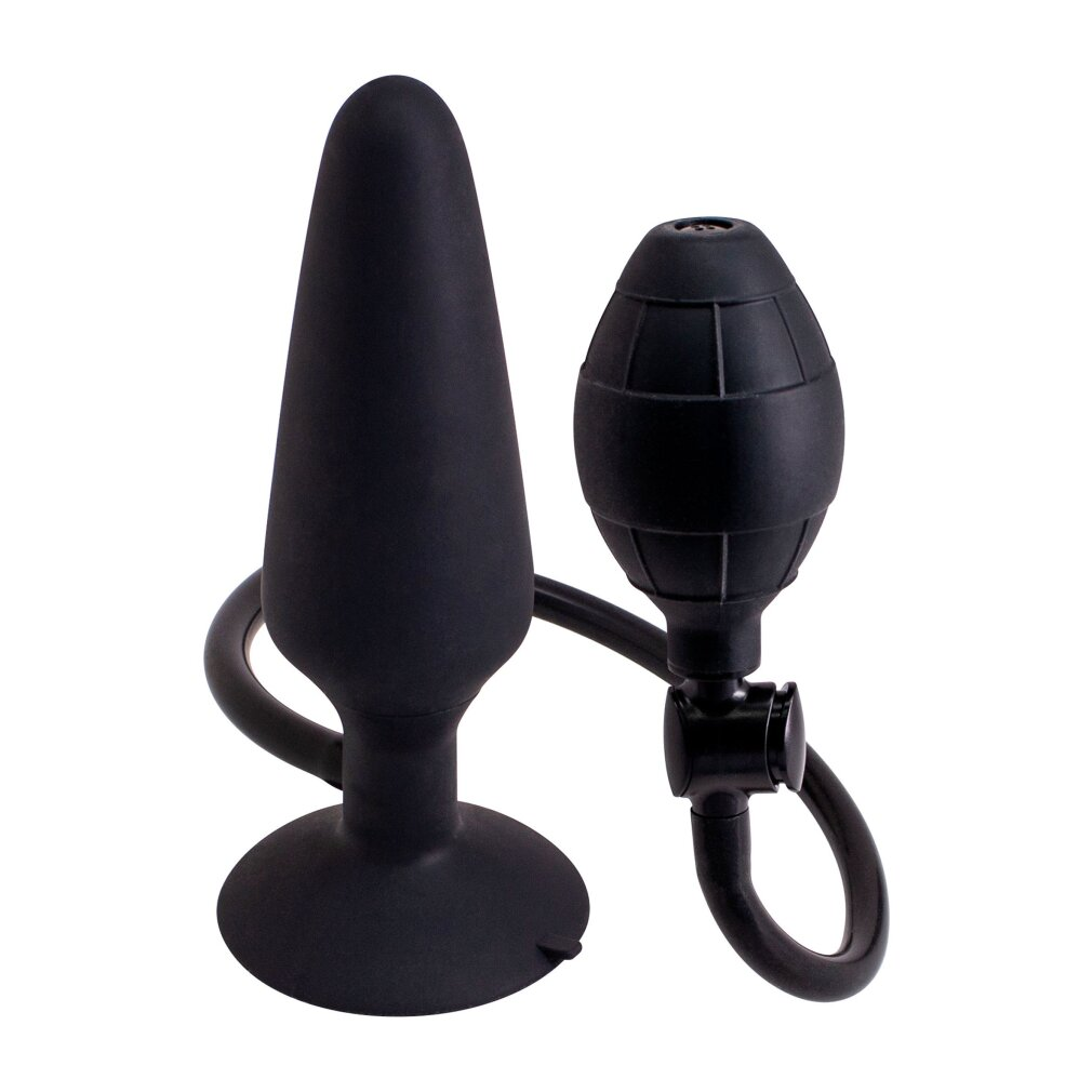 Schwarzer aufblasbarer Butt Plug mit Pumpe und Ring, freigestellt auf weißem Hintergrund.