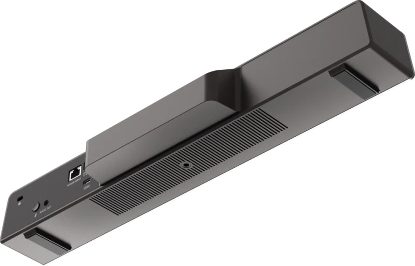 Grauer Soundbar mit Anschlüssen und Lüftungsschlitzen auf weißem Hintergrund.