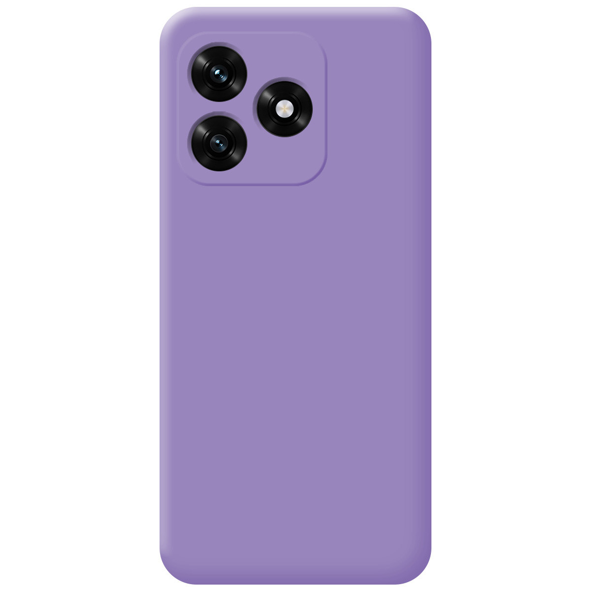 Funda de teléfono morada con tres lentes de cámara en un recorte cuadrado.