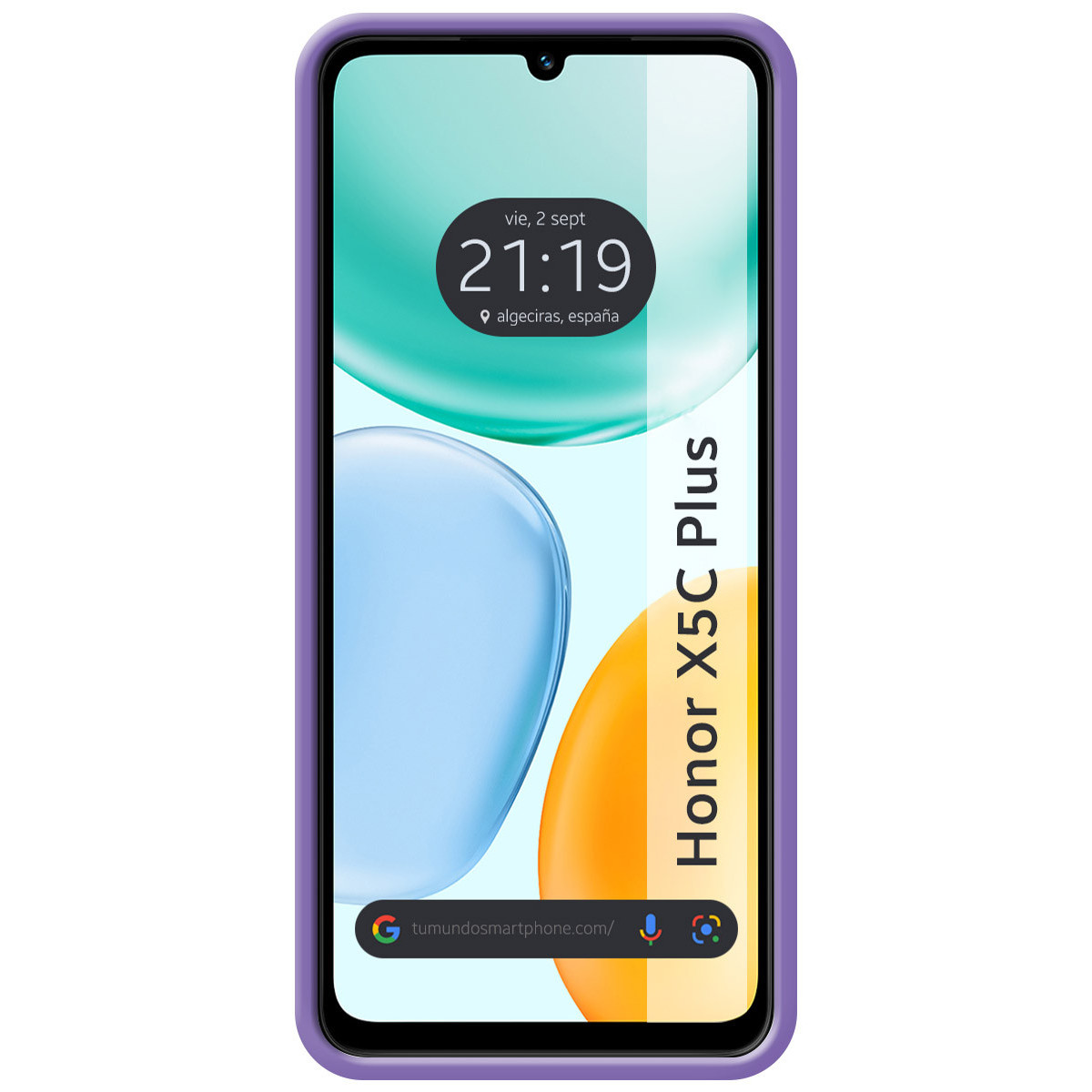 Un smartphone con funda morada muestra la hora 21:19 y la ubicación Algeciras, España.