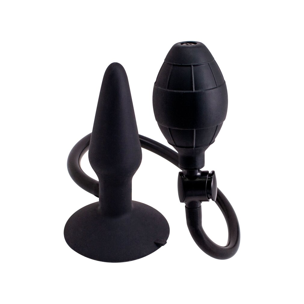 Schwarzer Butt-Plug mit Pumpe und Schlauch auf weißem Hintergrund.