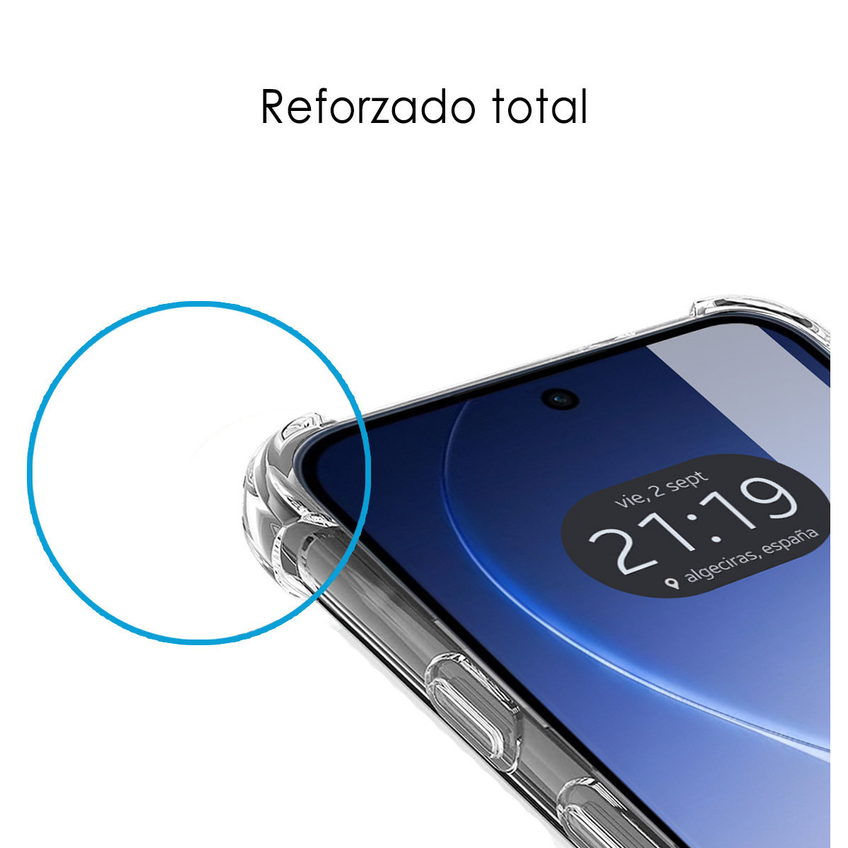 Funda de teléfono transparente con esquinas reforzadas en un smartphone.