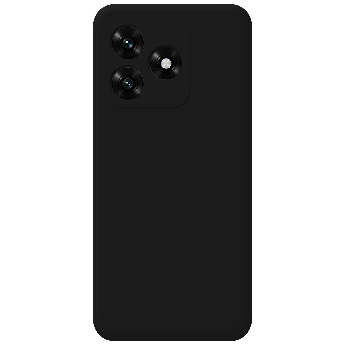 Funda de teléfono negra con tres lentes de cámara y flash.