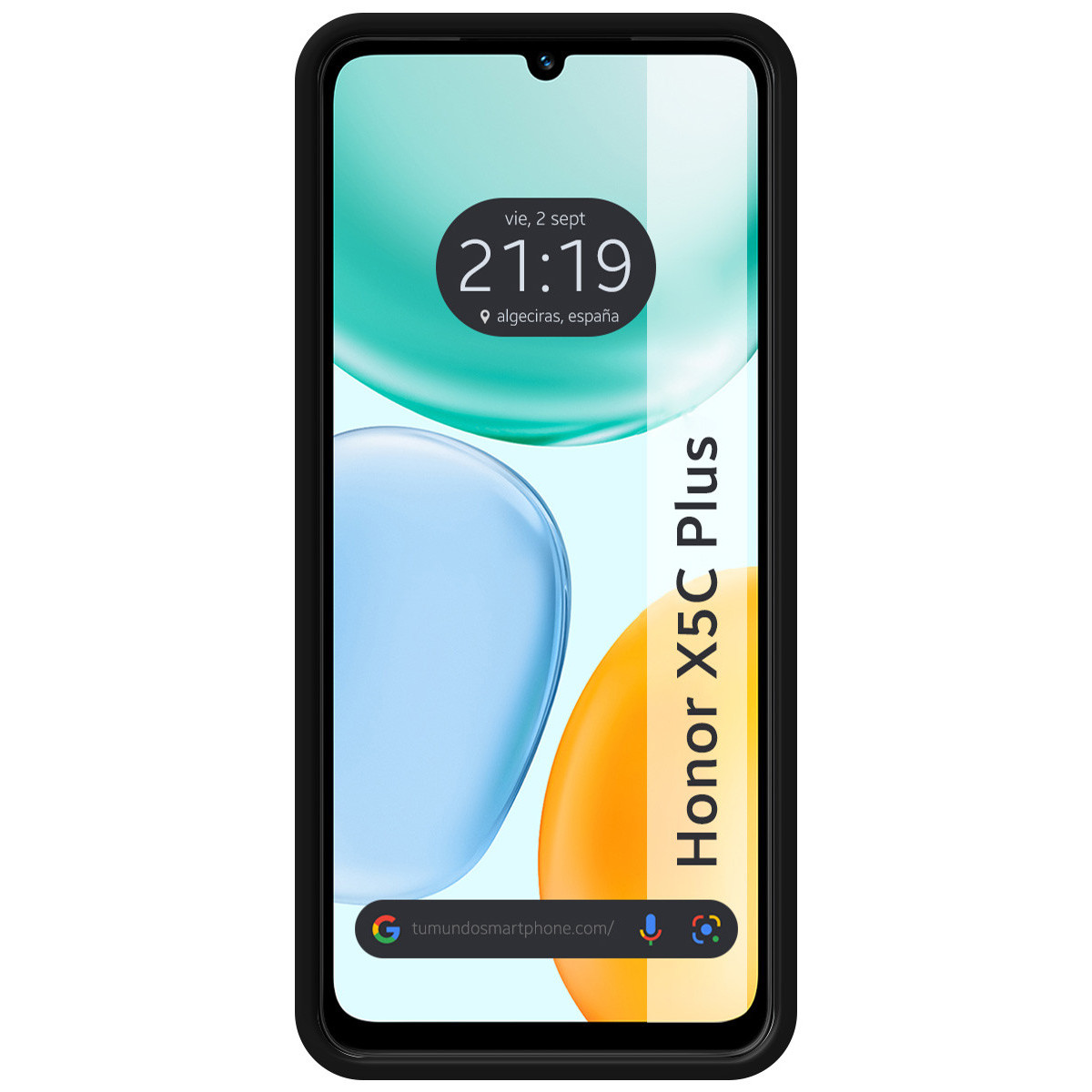 Smartphone Honor X5C Plus con marco negro y fondo de pantalla colorido.