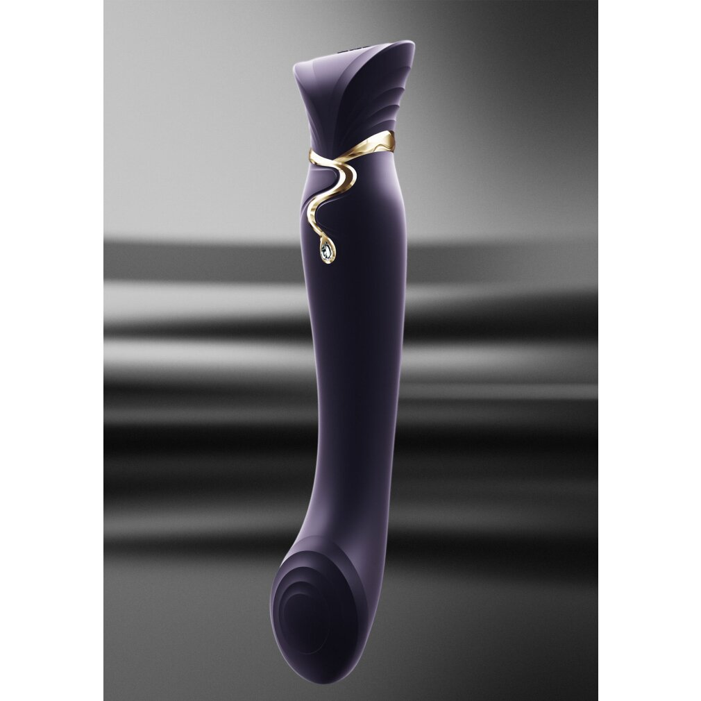 Ciemnofioletowy wibrator ze złotym motywem węża i kryształem.